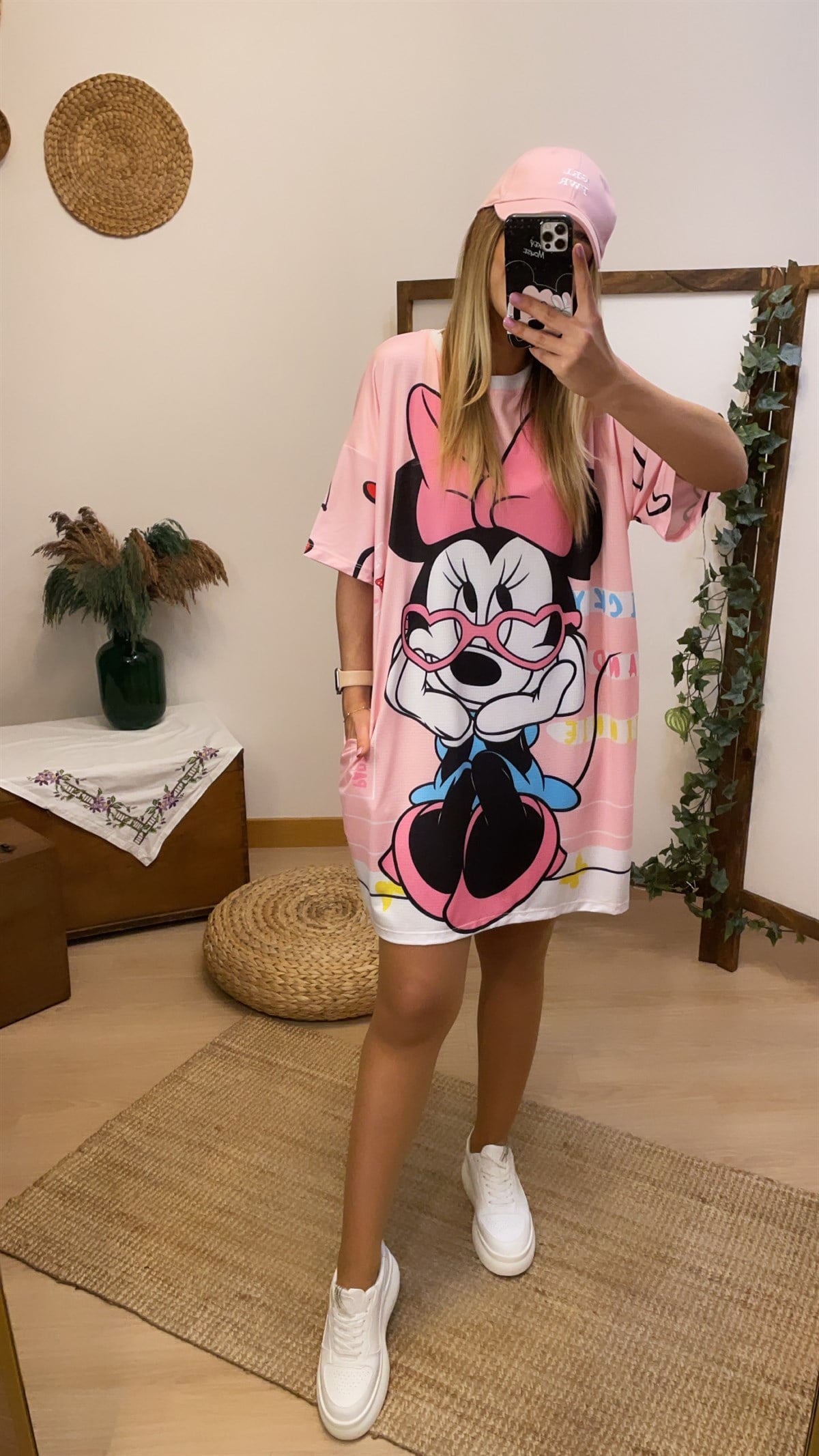 Pembe Mickey Baskılı Elbise 