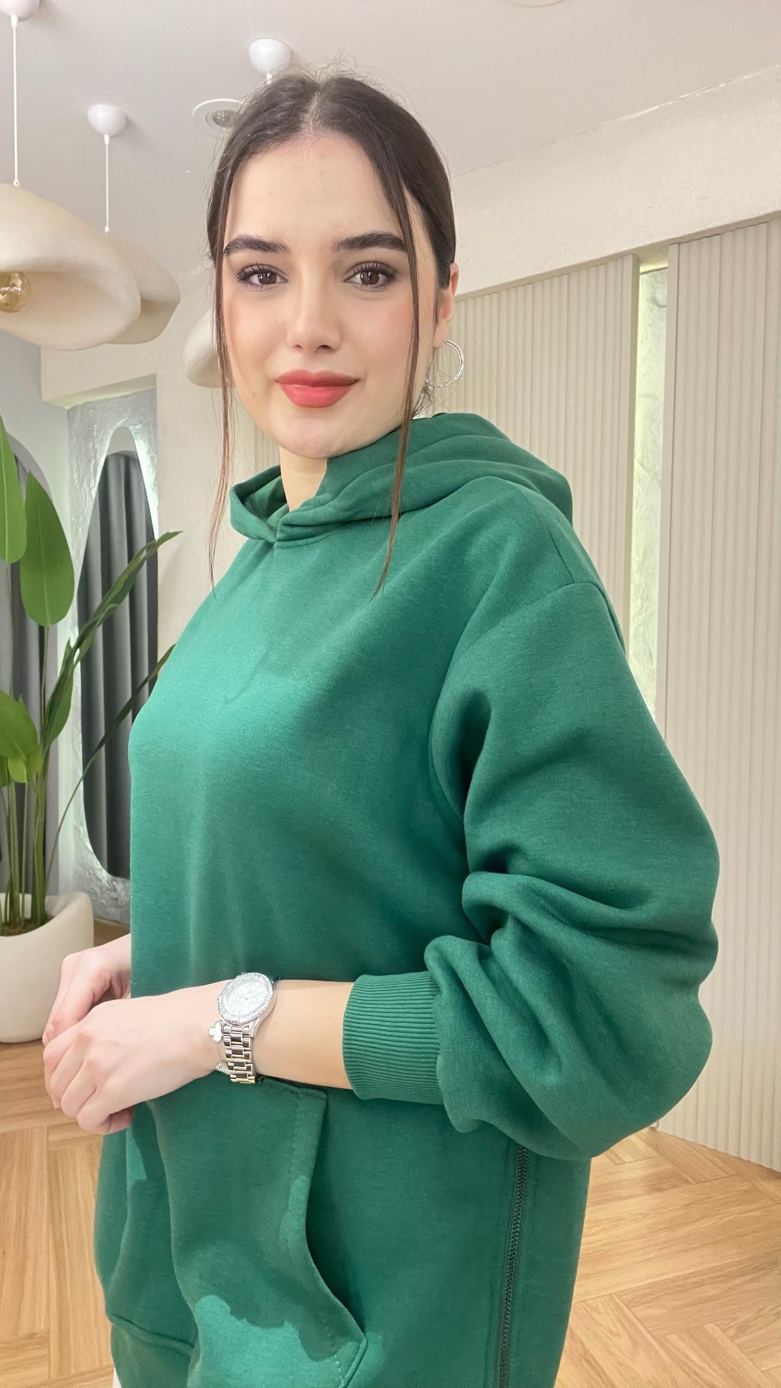 Yeşil Wels Yan Fermuarlı Şardonlu Sweatshirt