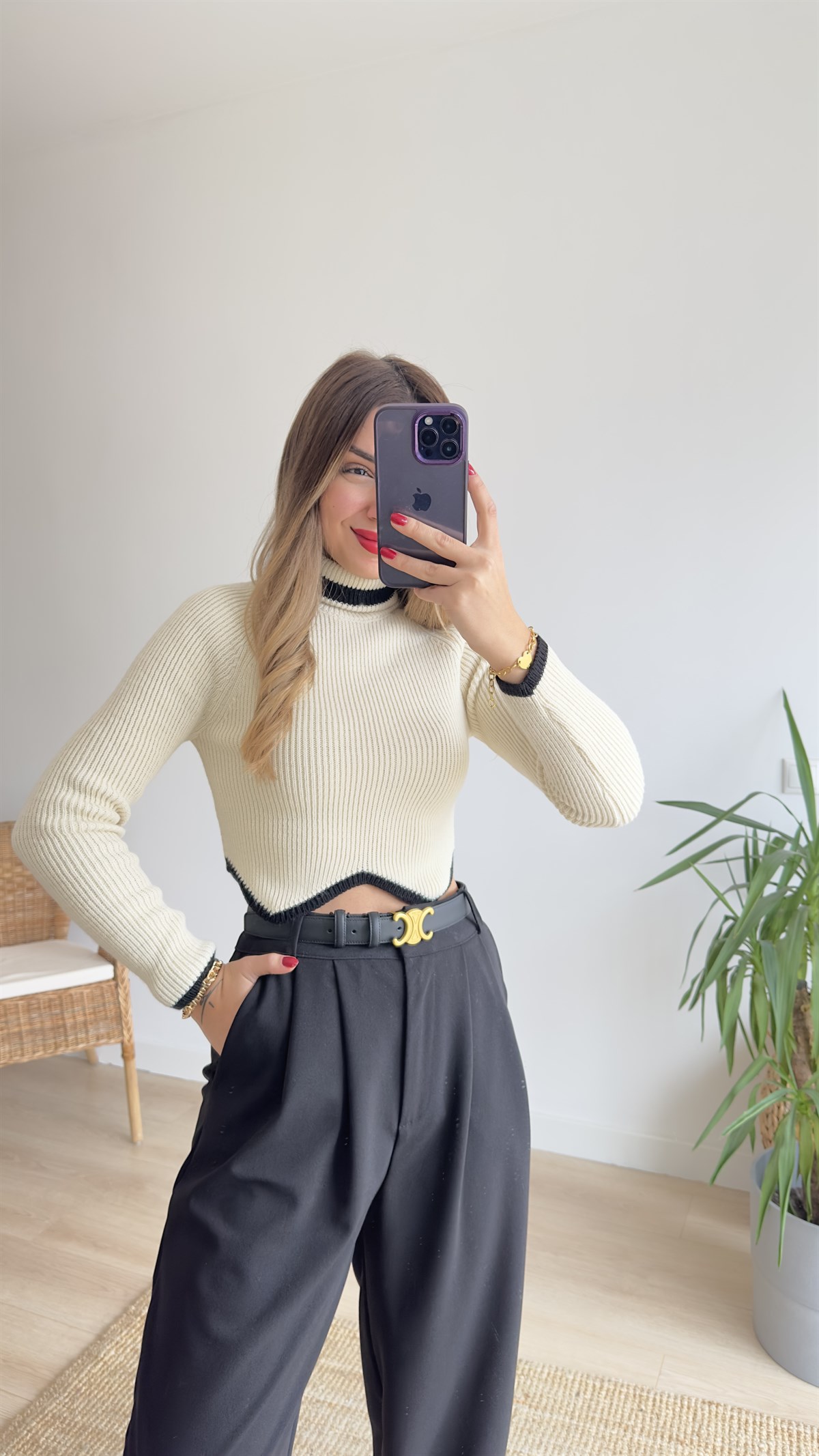 Zigzag Desen Ekru Triko
