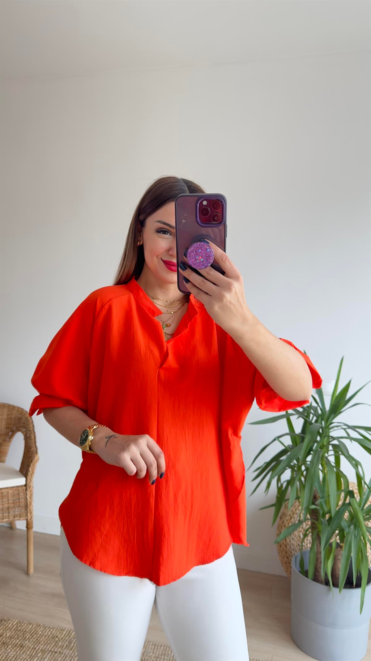 Sırtı Çapraz Detay Turuncu Bluz