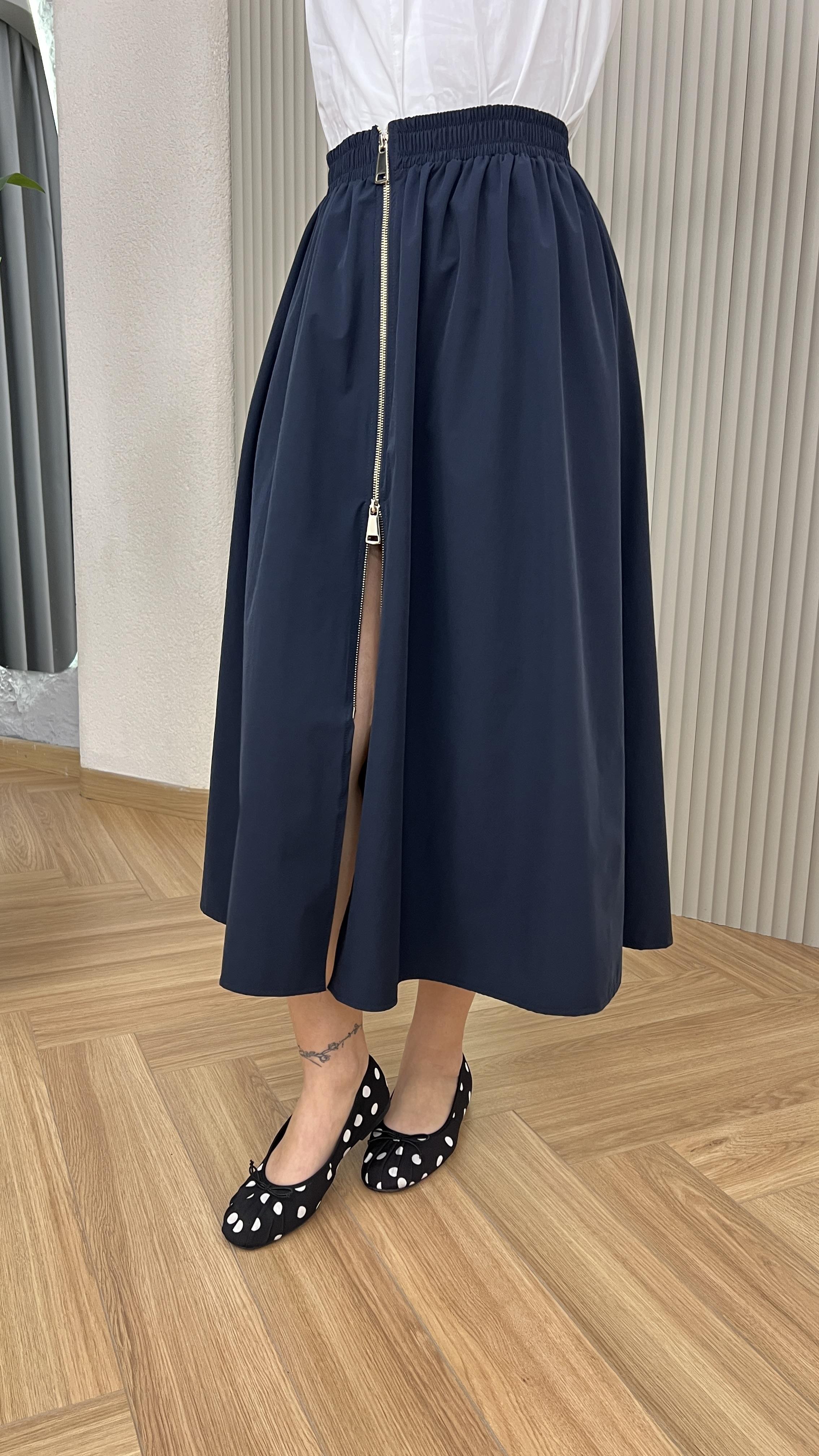 Lacivert Quqa Fermuarlı Muadil Etek