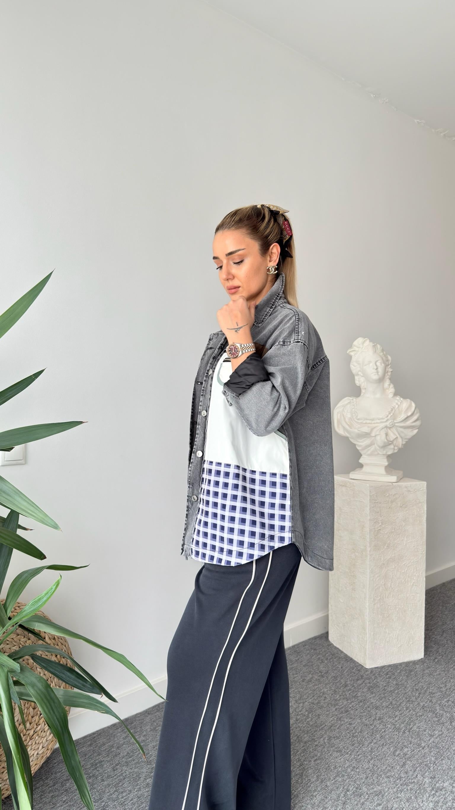 Siyah Ekose Mix Tasarım Denim Ceket