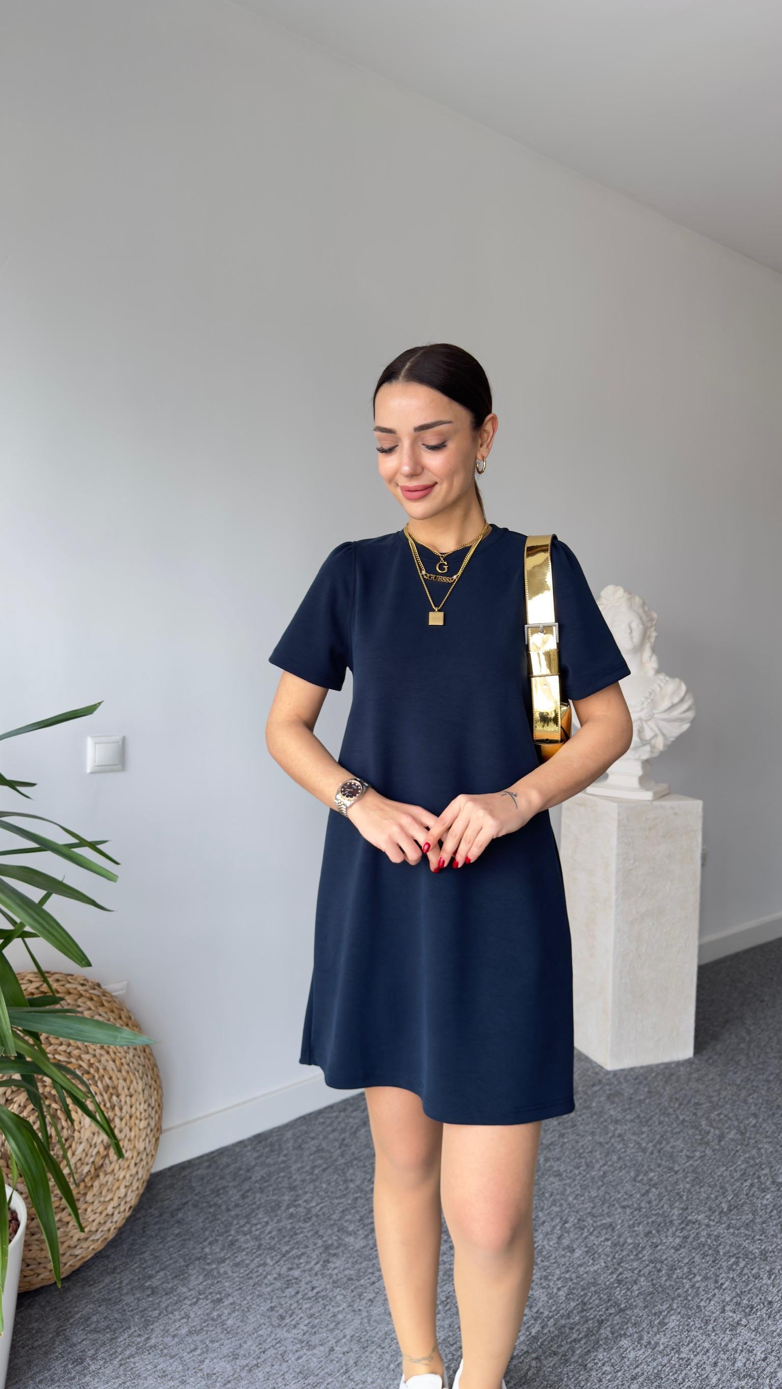 Kollar Volanlı Lacivert Modal Elbise 