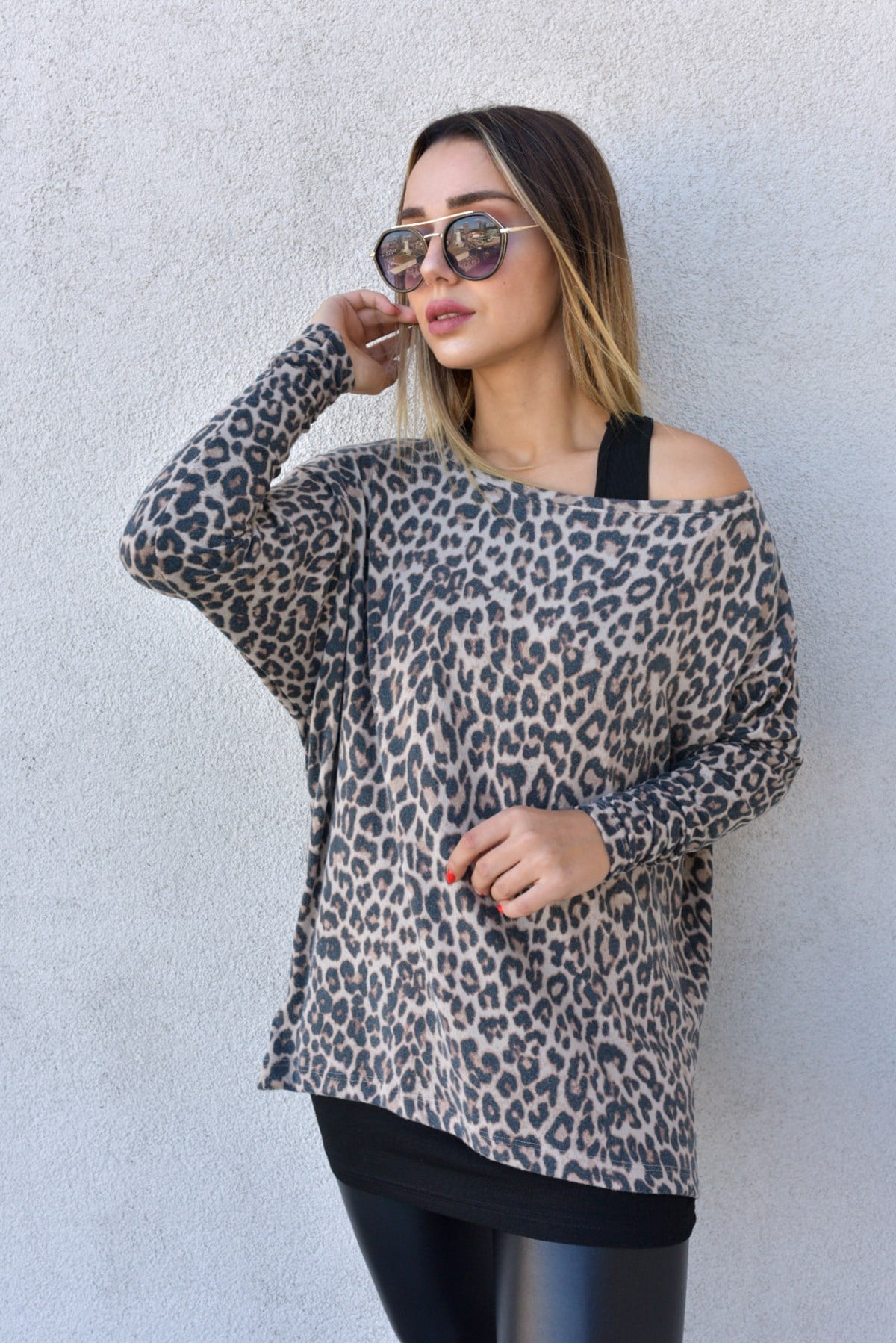 Leopar Desen Atlet Detaylı Çiftli Bluz