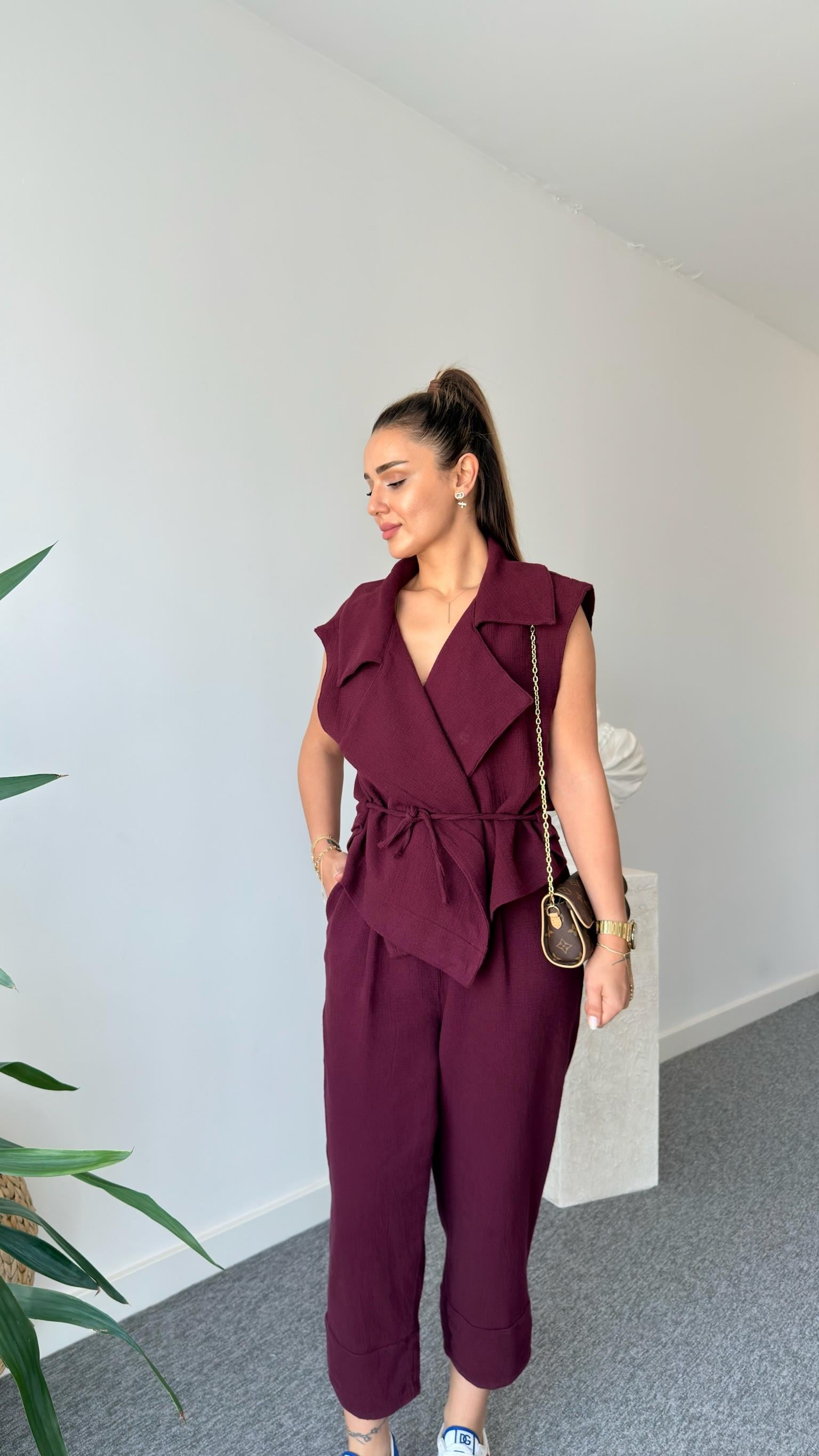Bordo Weren Yelekli Keten Takım 