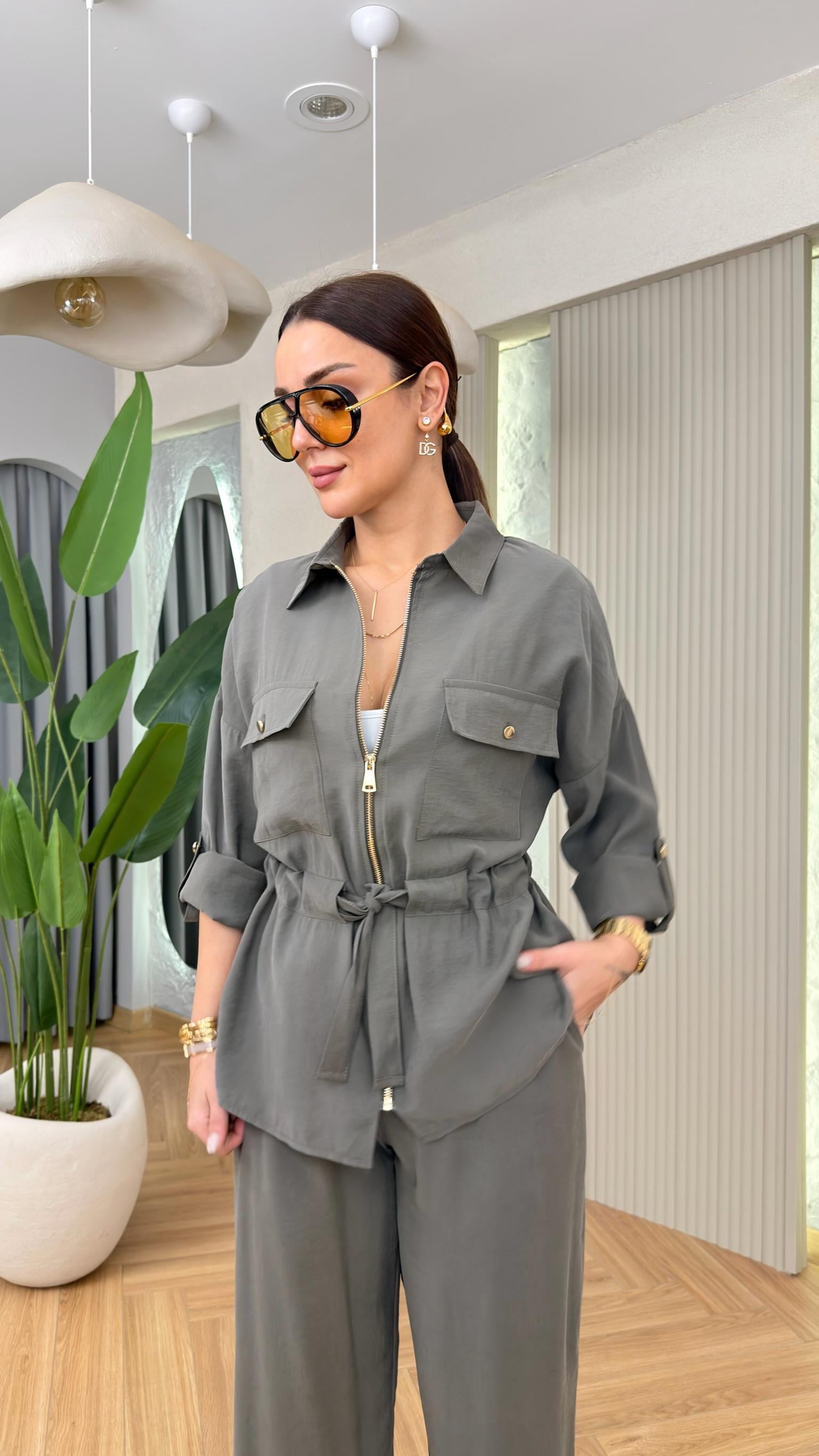 Haki Lavita Fermuarlı Bel Büzgülü Takım