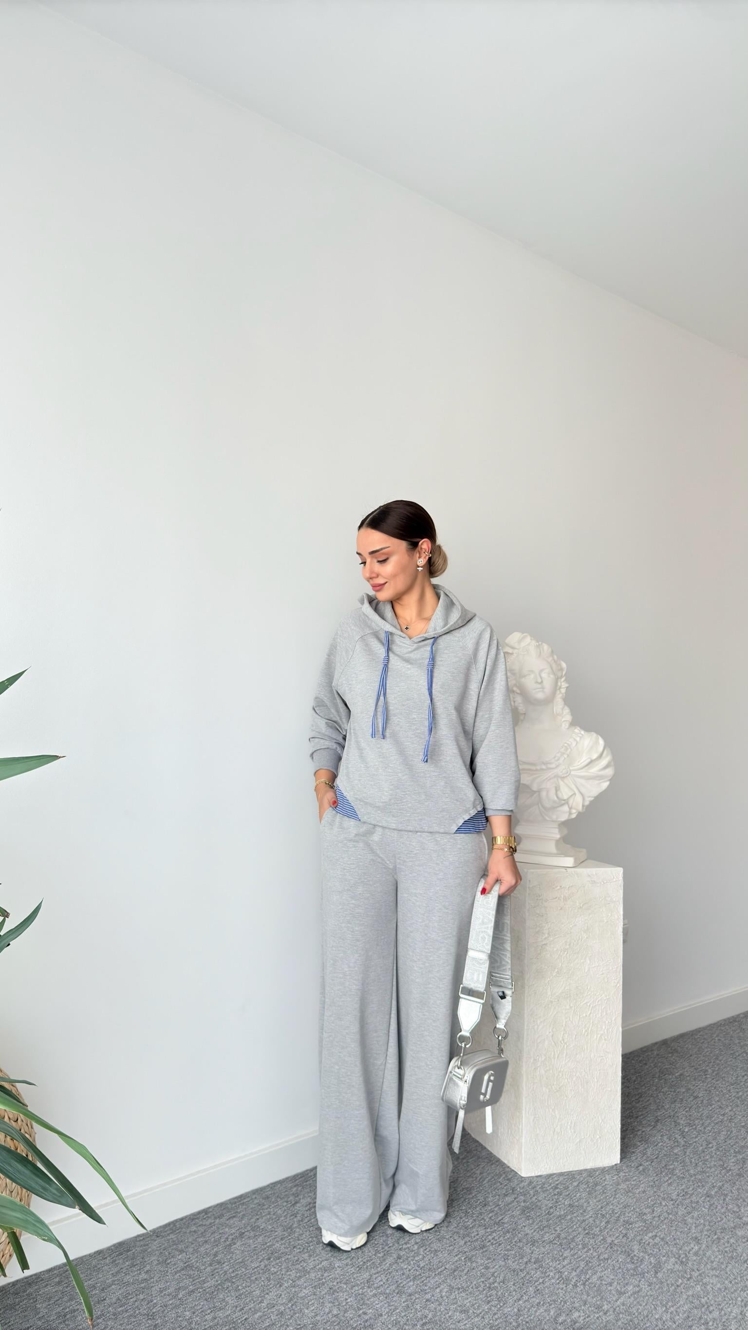 Gri Reste Poplin Garnili Sweatshirt