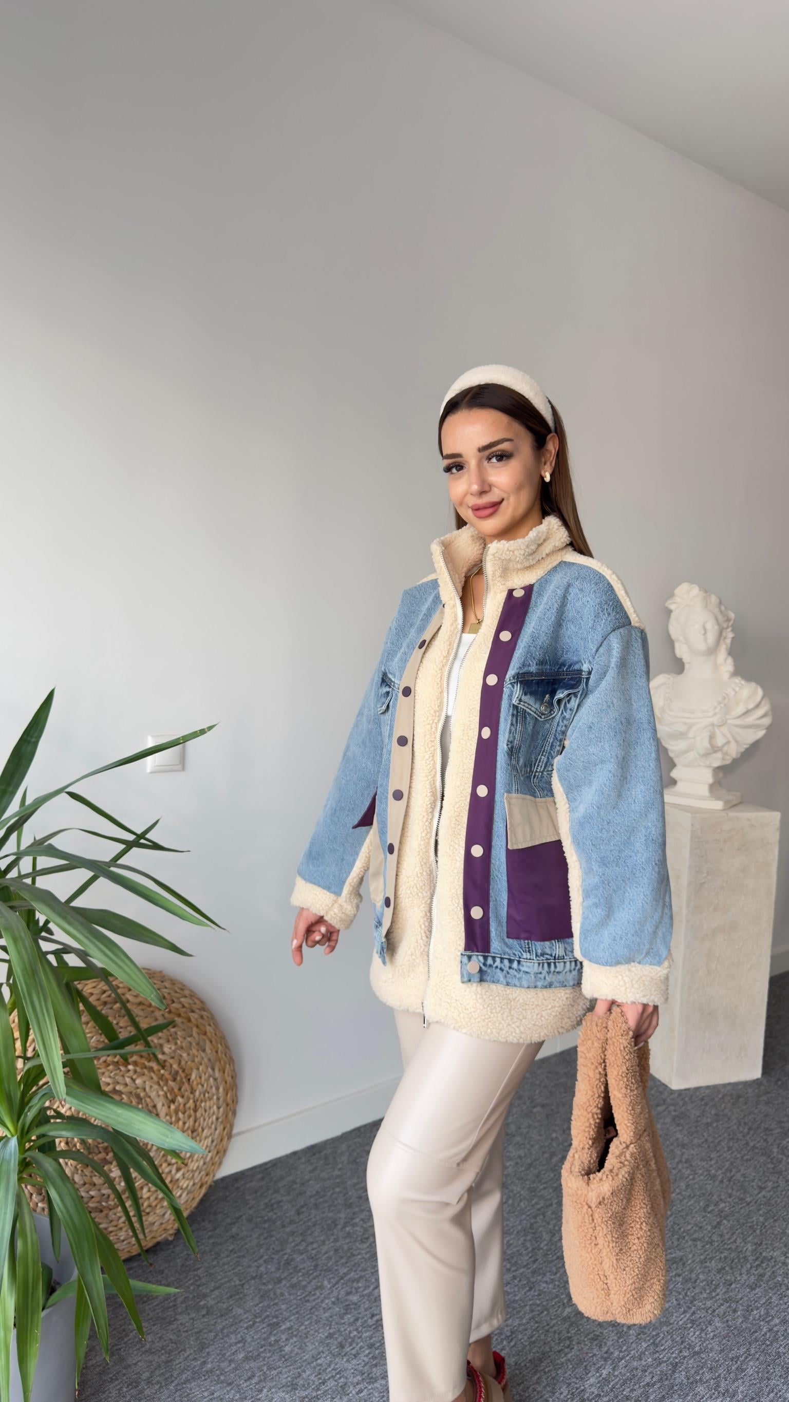 Denim Mix Mor Detay Peluş Mont 
