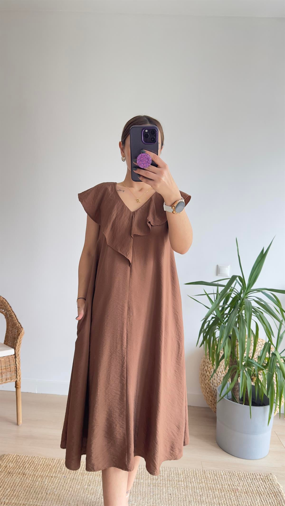 Yaka Volanlı Kahve Elbise 