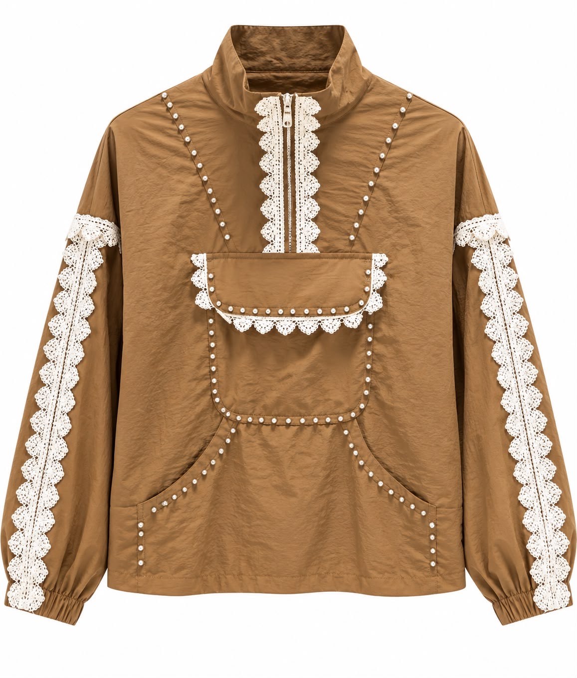 Camel Dantel Detaylı Astarlı Tasarım Sweatshirt