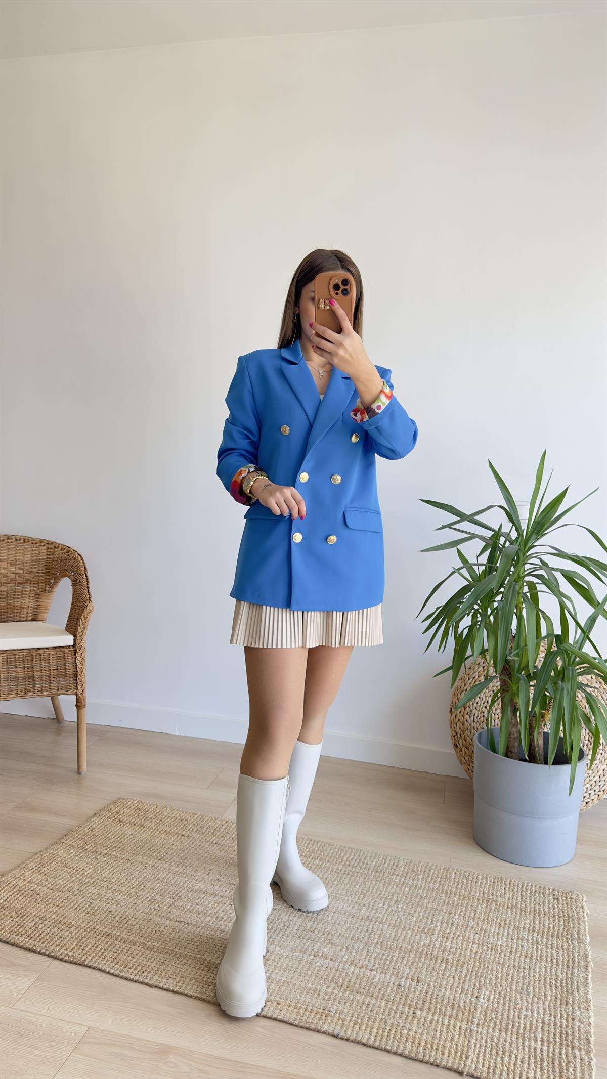 Renkli Astarlı Mavi Blazer Ceket