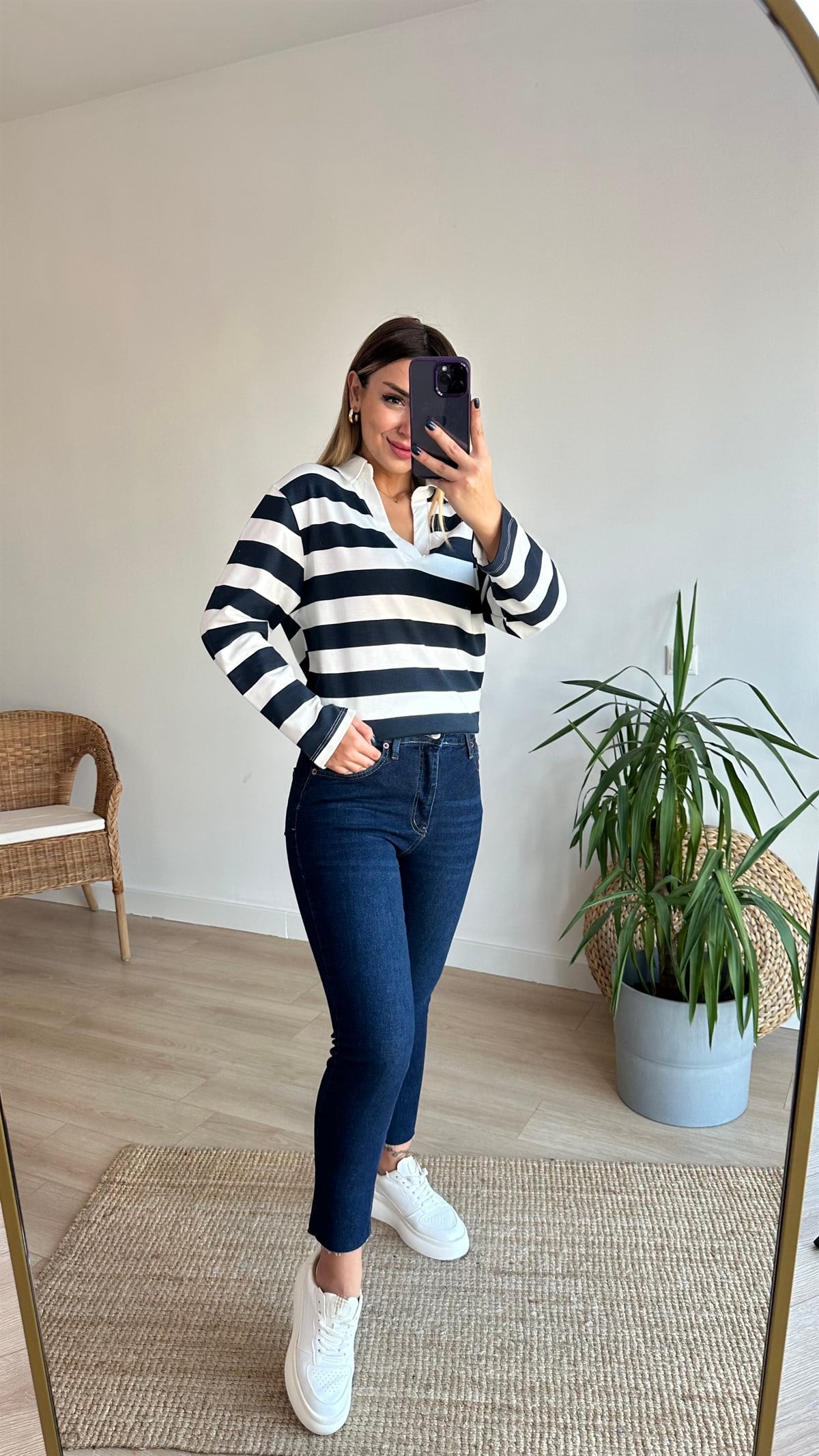 Polo Yaka Kalın Çizgili Basic Sweat