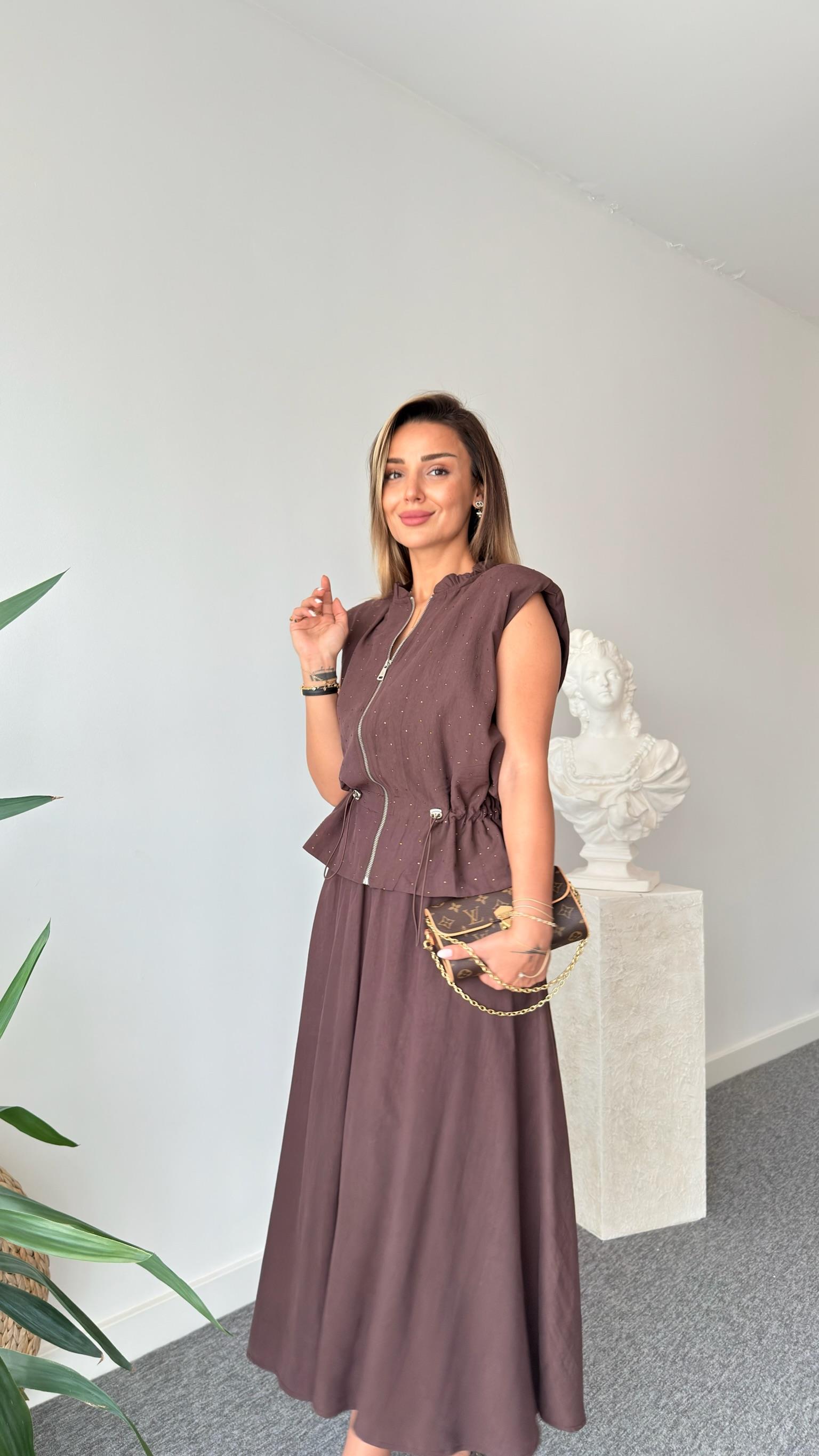 Kahve Quen Taş Detaylı Tensel Etekli Takım