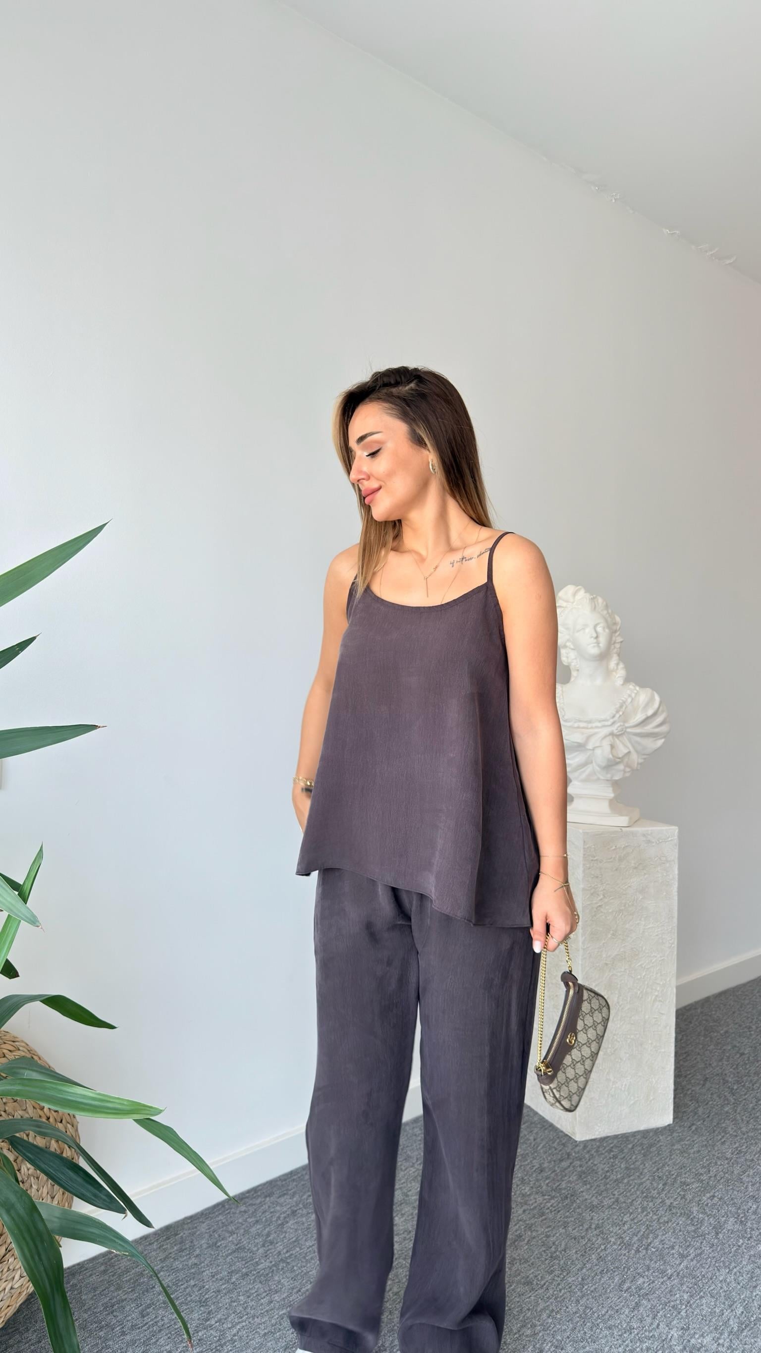 Kahve Elyor Tensel Bluz Pantolon Takım