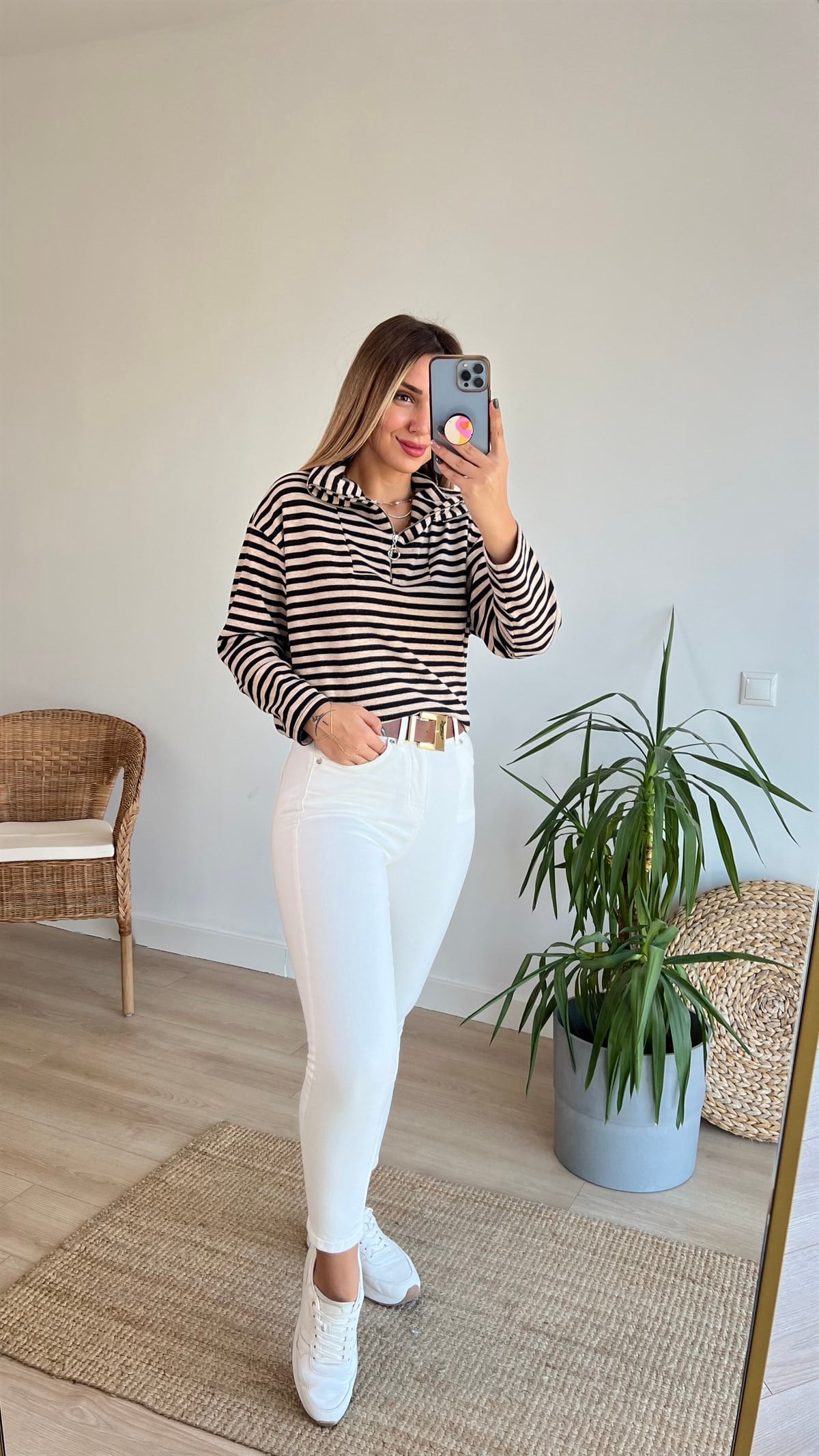 Yarım Fermuarlı Çizgili Triko