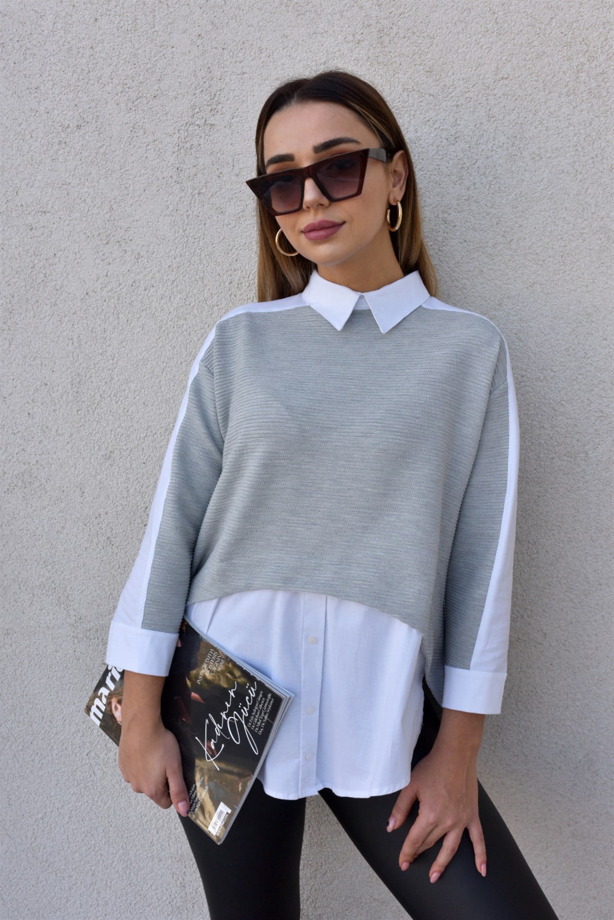 Gömlek Detaylı Gri Sweat	