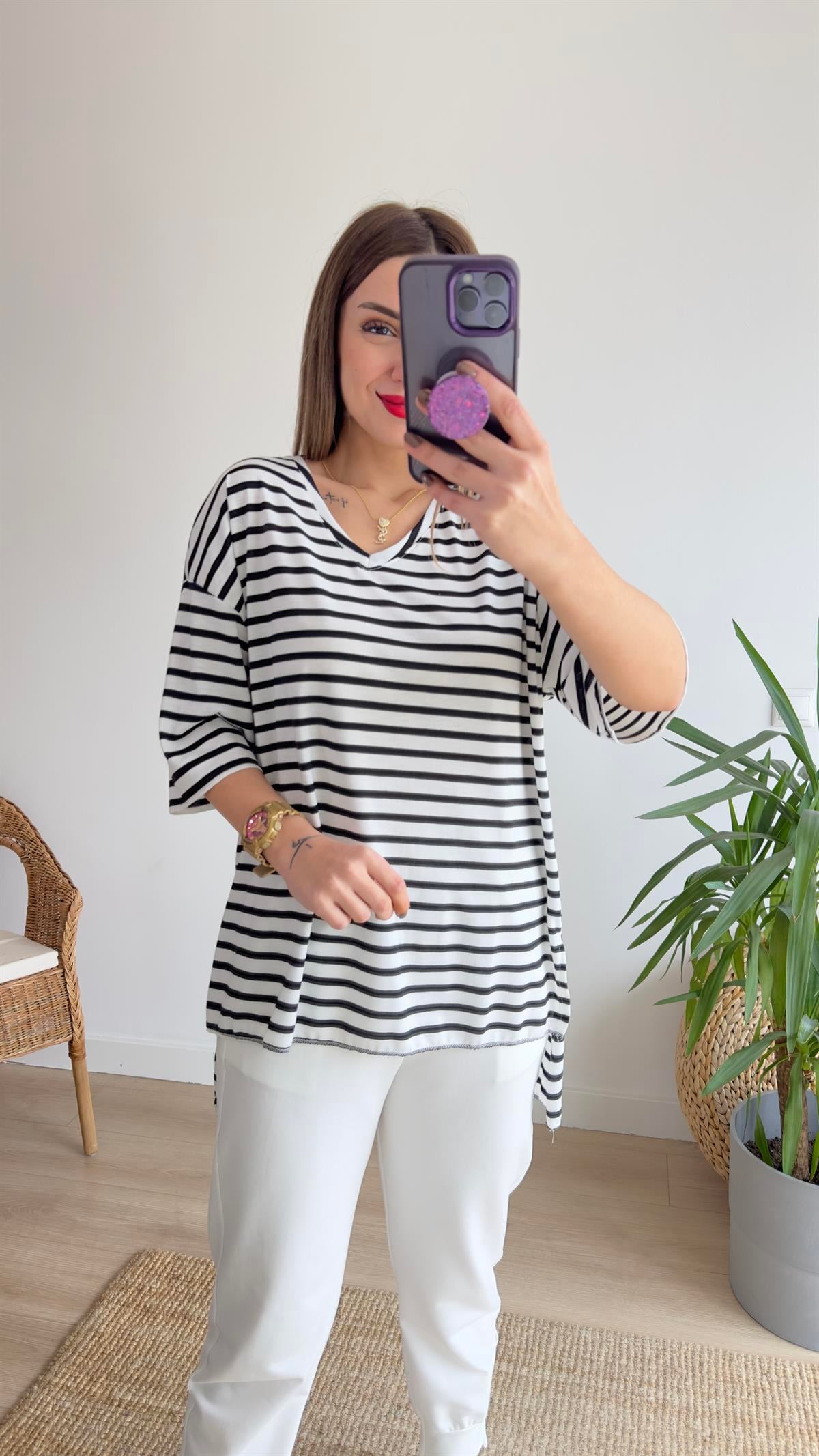 Boho Çizgili Beyaz V Yaka Tshirt