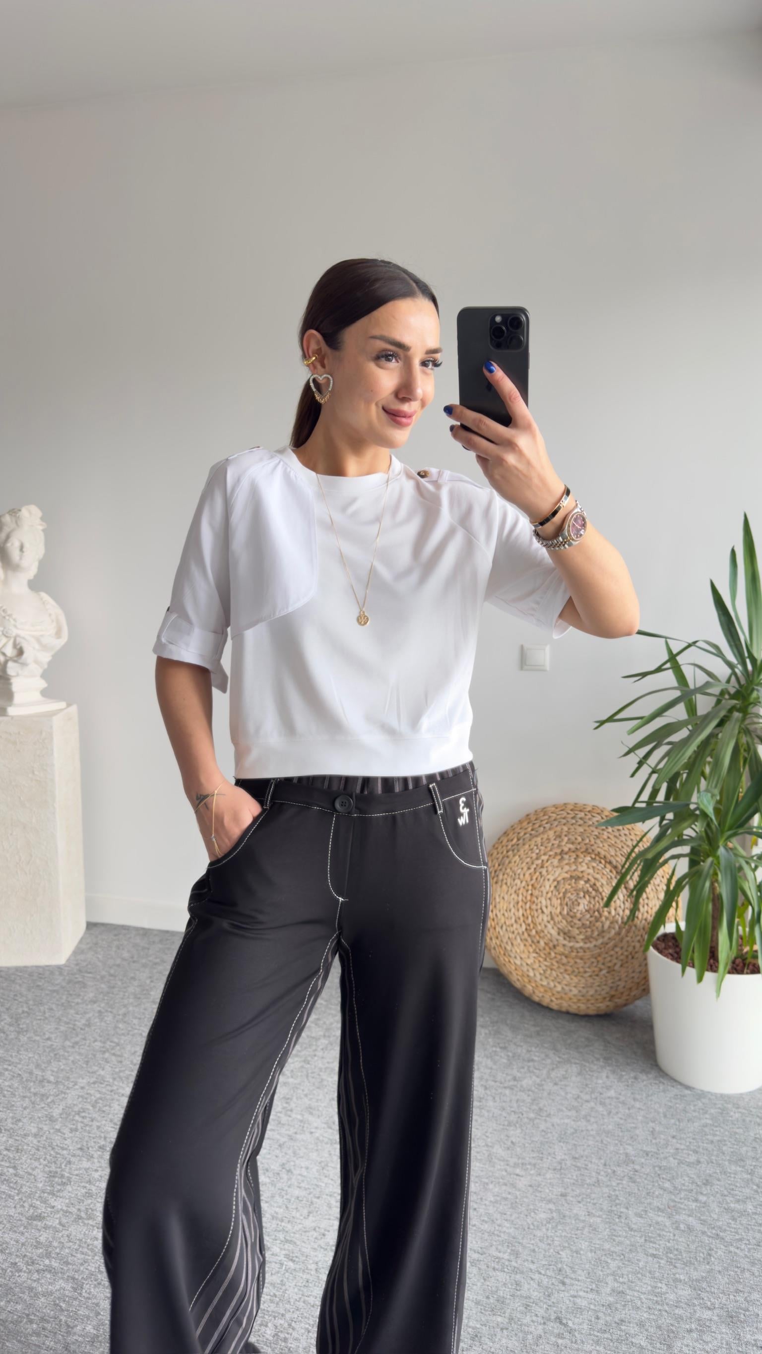Perla Poplin Detaylı Beyaz Tshirt