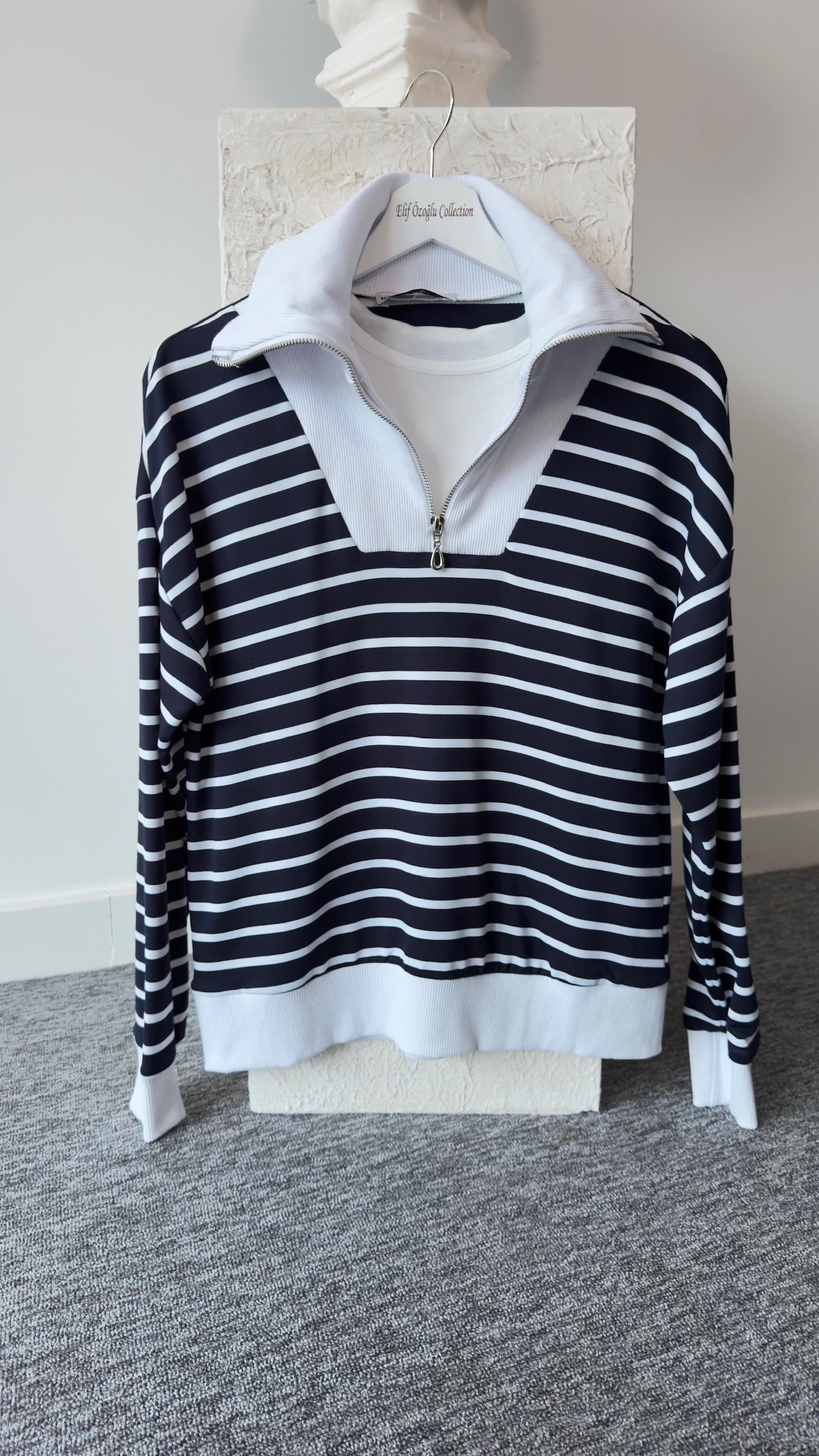 Beyaz Ribanalı Yarım Fermuar Çizgili Sweatshirt