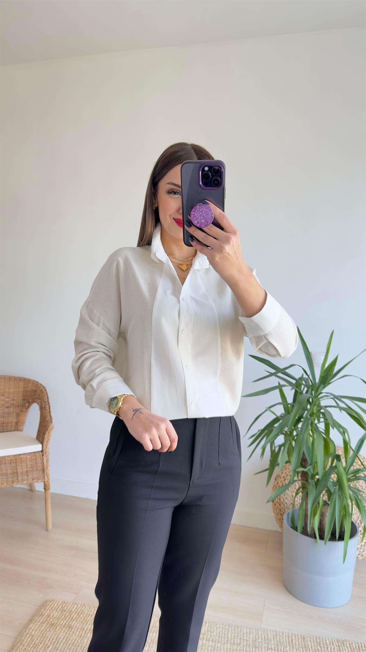 Keten Detaylı Beyaz Gömlek
