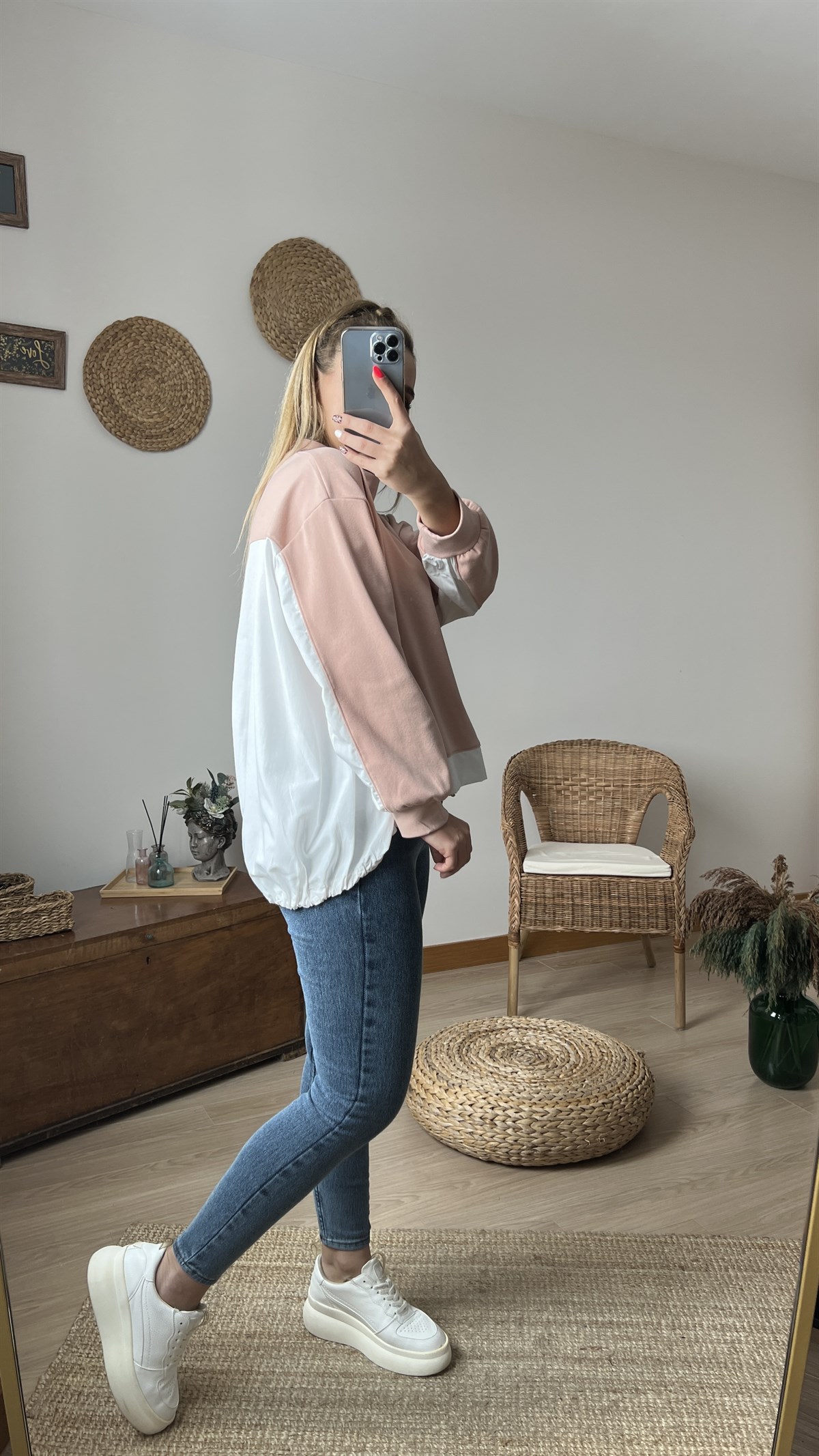 Poplin Detaylı Pudra Polar Sweatshirt