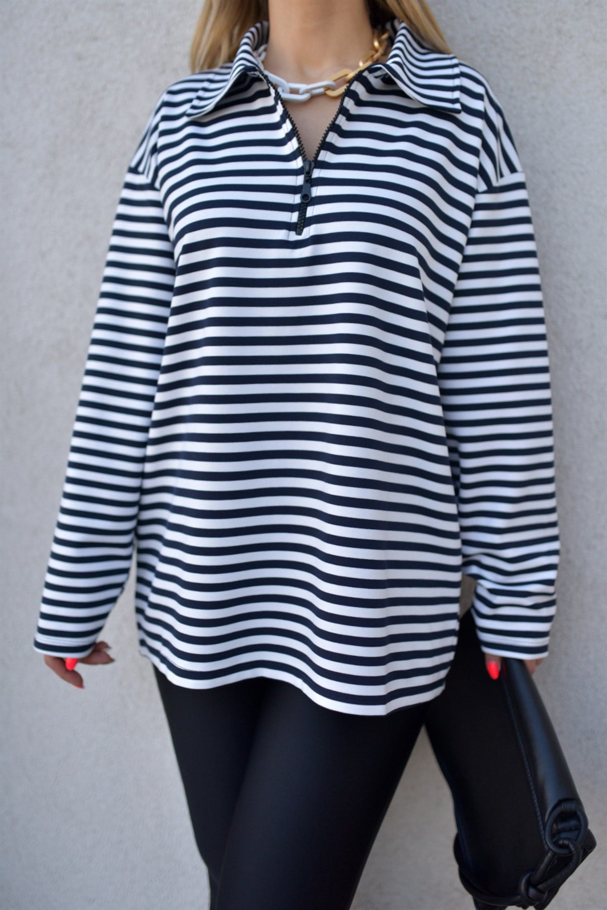 Çizgili Polo Yaka Sweatshirt