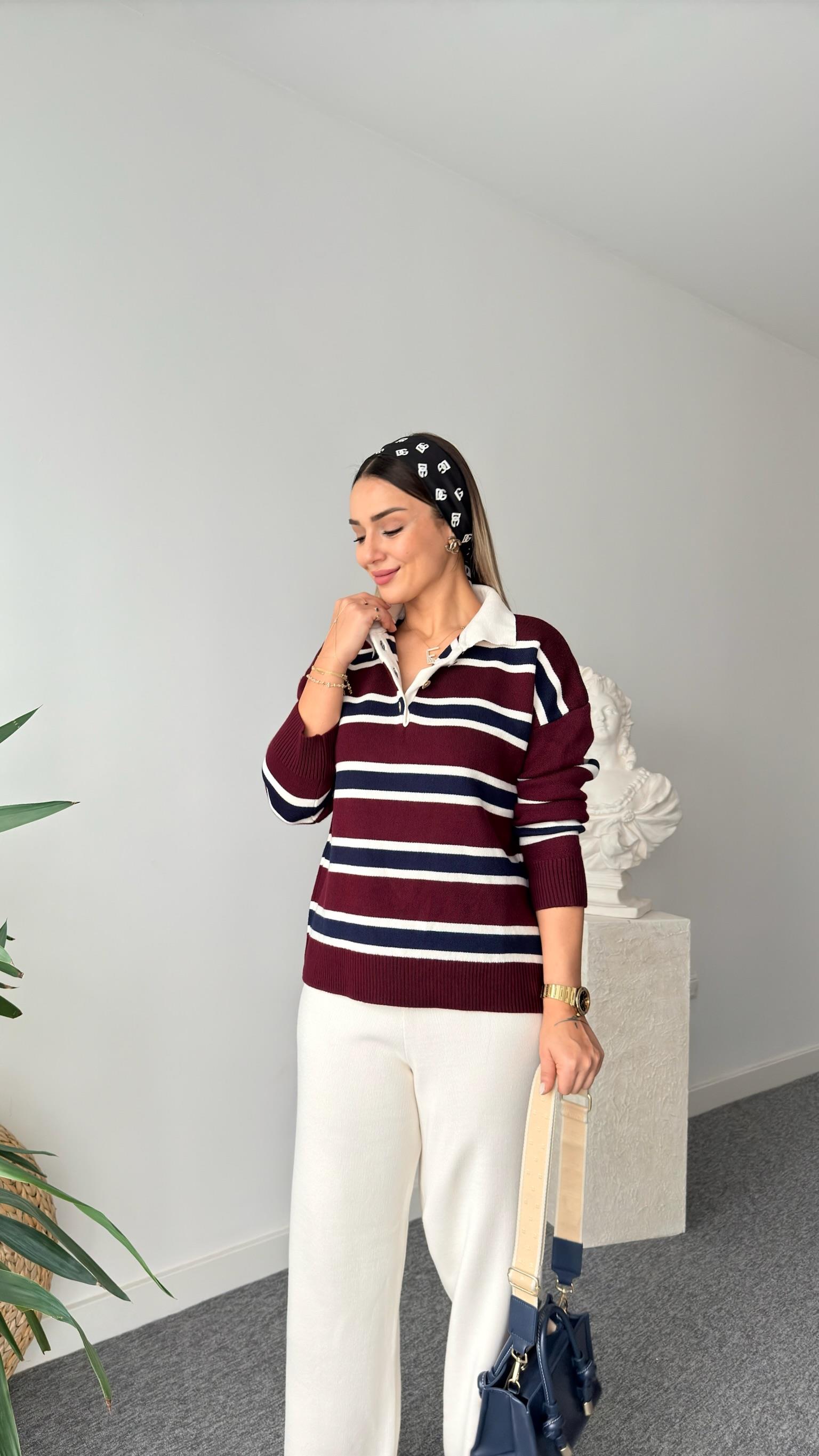 Terda Bordo Renk Geçişli Polo Yaka Kazak