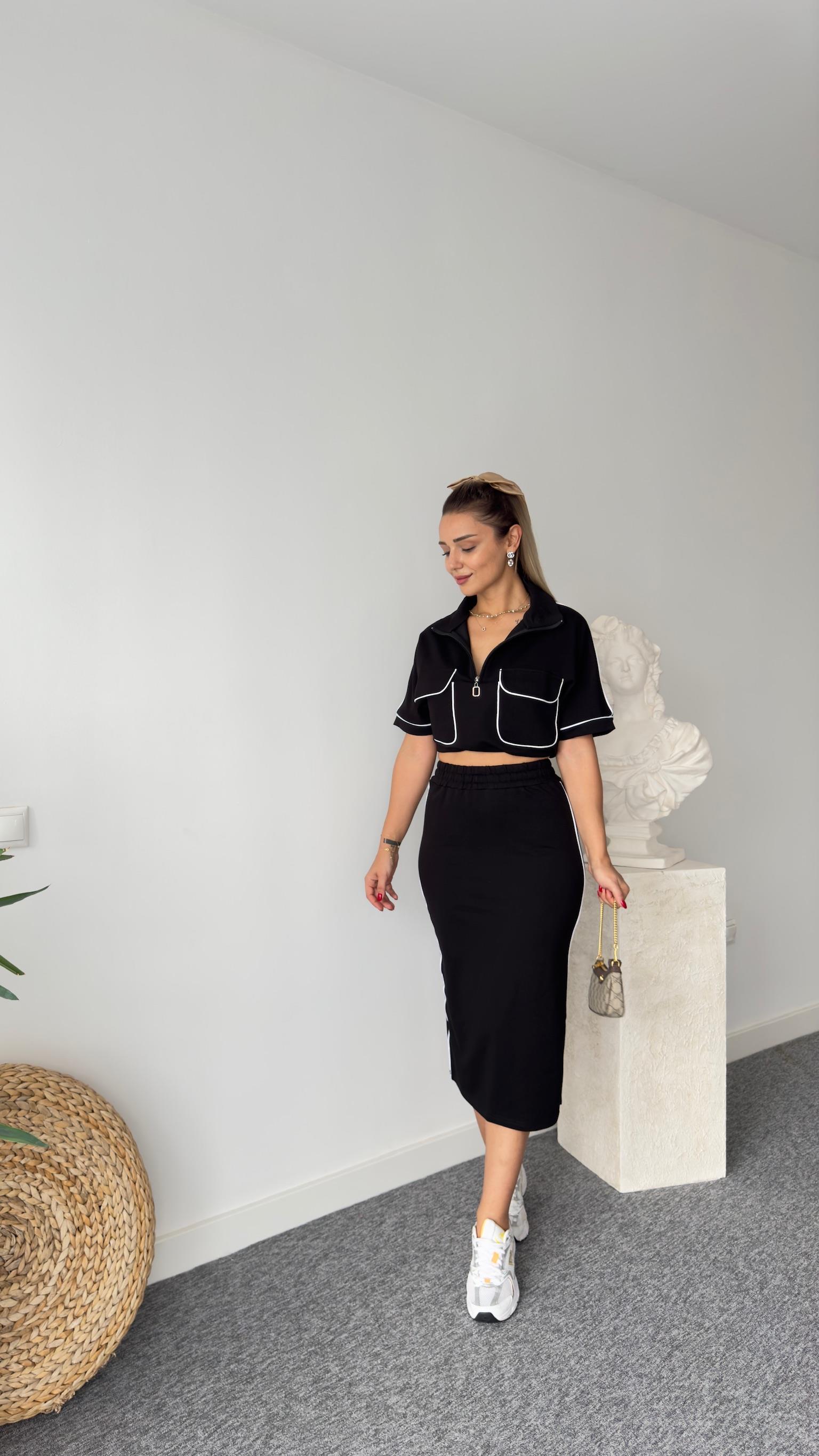 Biyeli Fermuar Cep Detay Siyah Takım