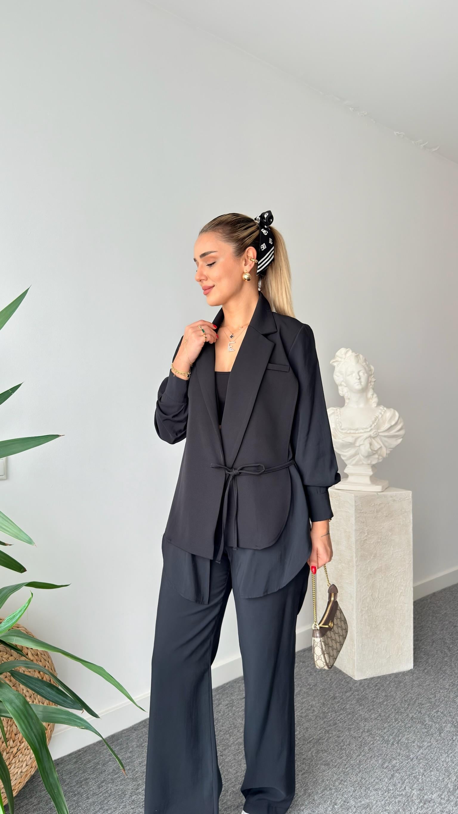 Spit Tensel Garnili Bağlamalı Ceket Pantolon Takım