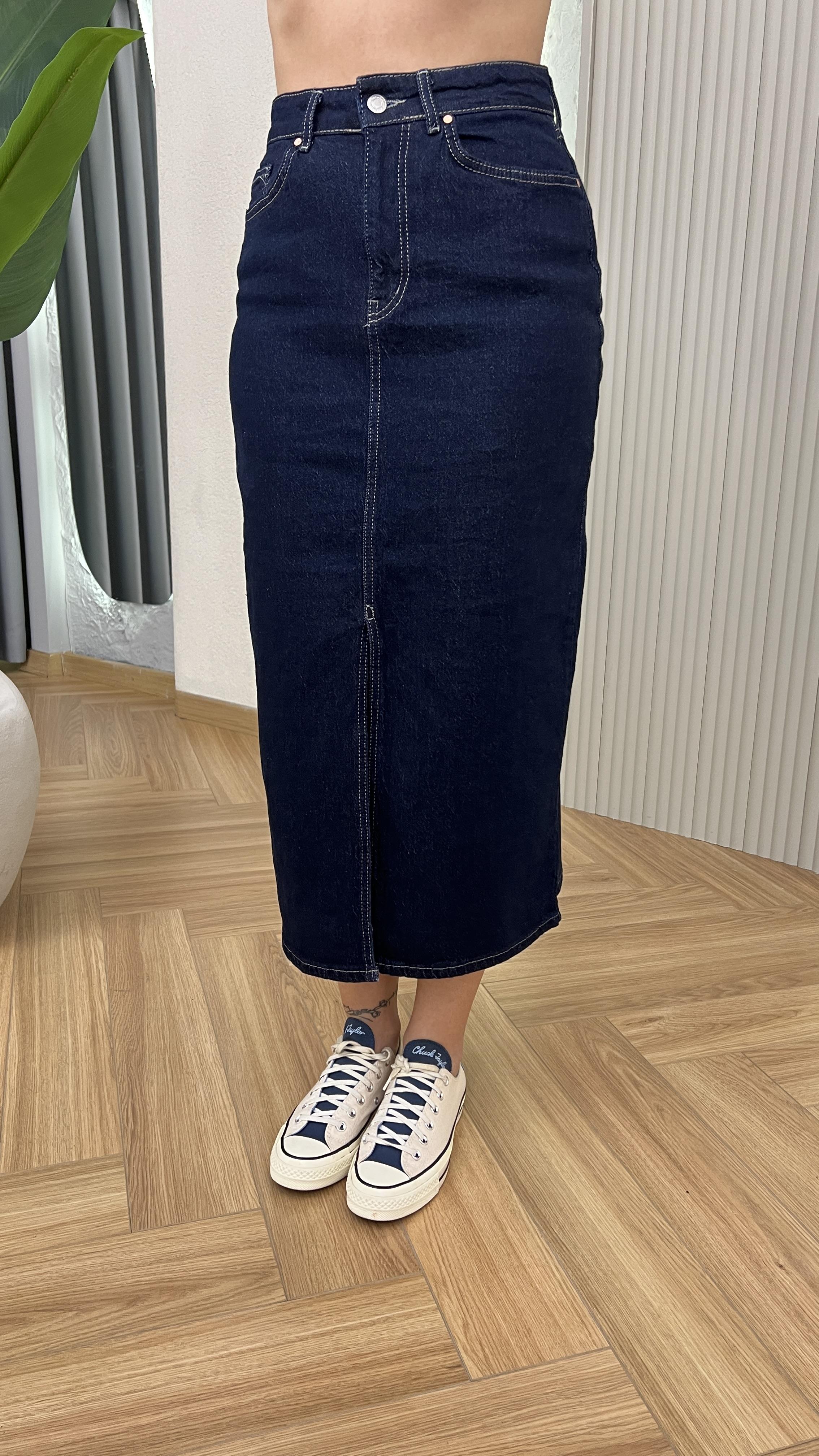 Lacivert Quince Önden Yırtmaçlı Kot Etek