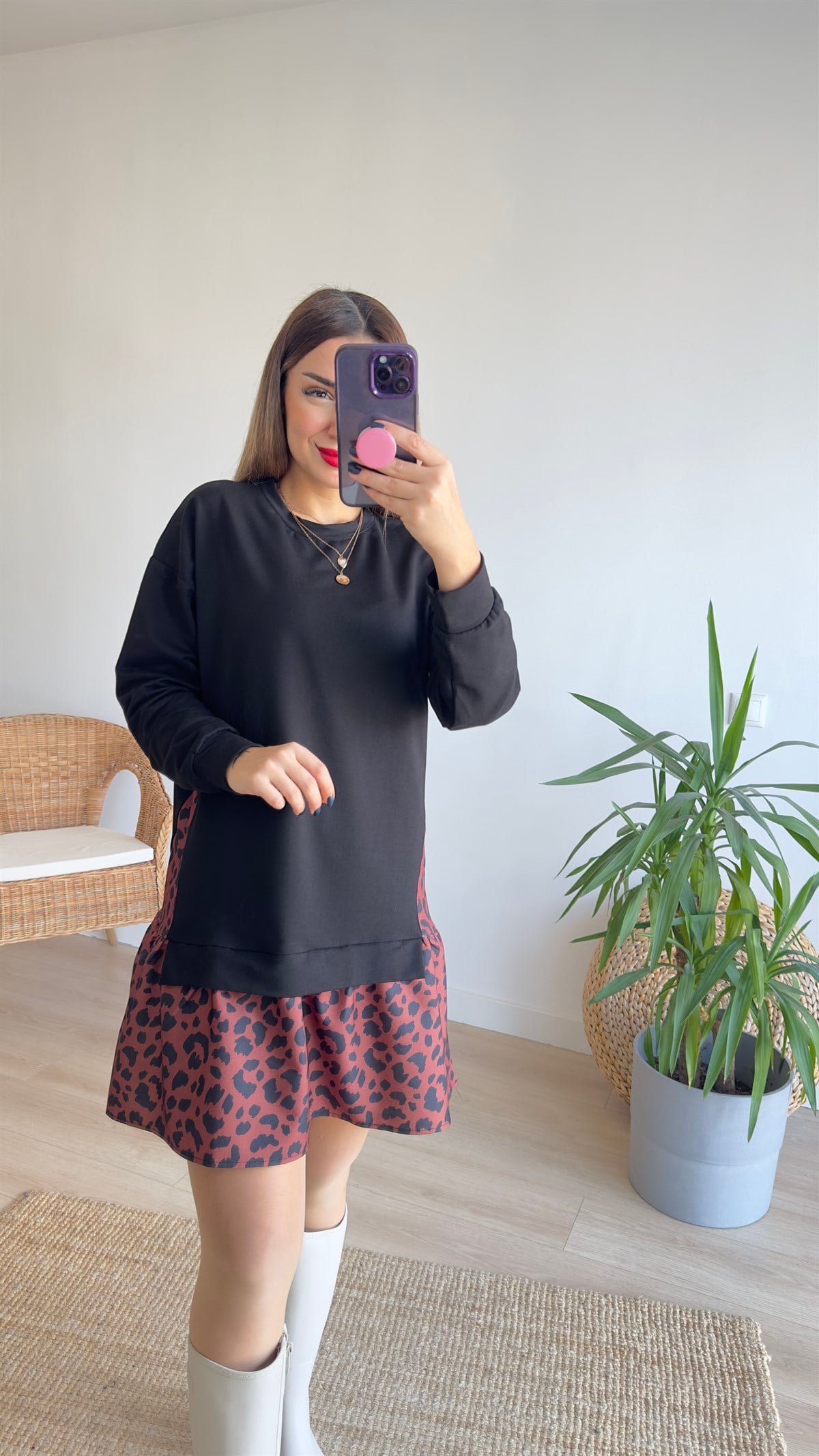 Leopar Detaylı Sweat Elbise 