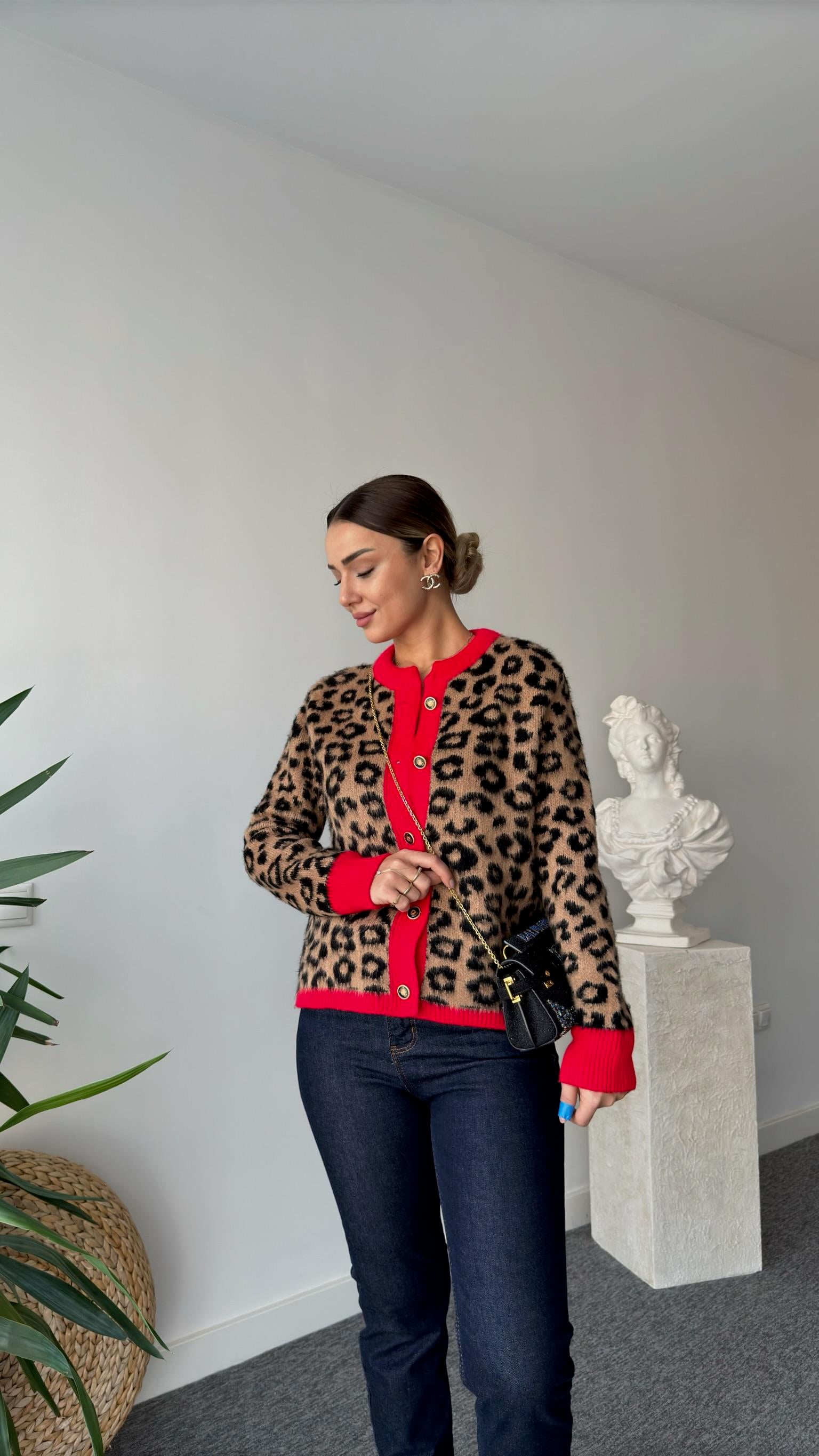 Mateo Kırmızı Şeritli Leopar Hırka