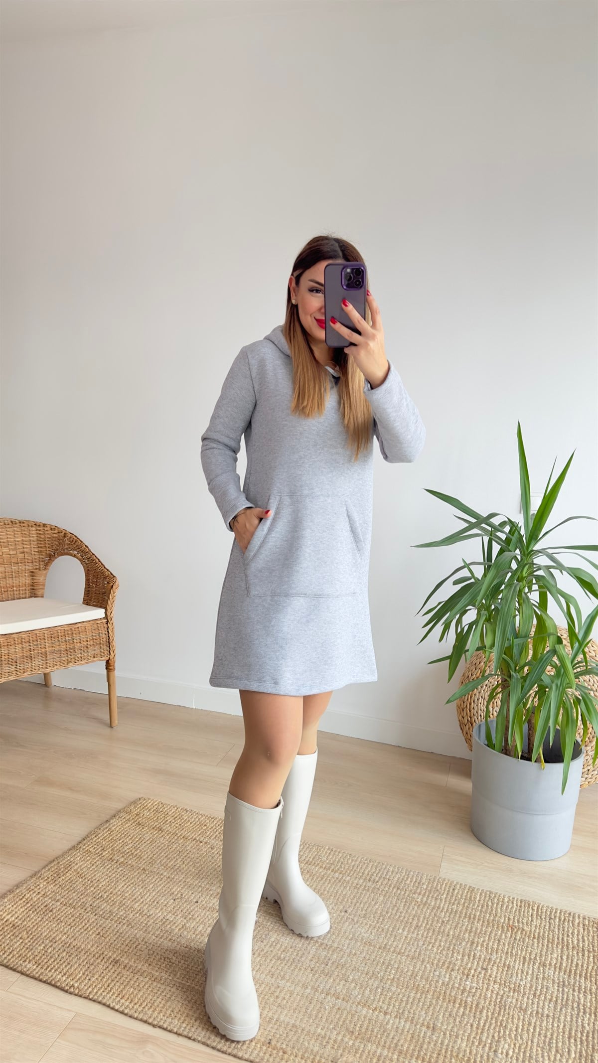 Kanguru Cep Kapüşonlu Gri Sweat Elbise