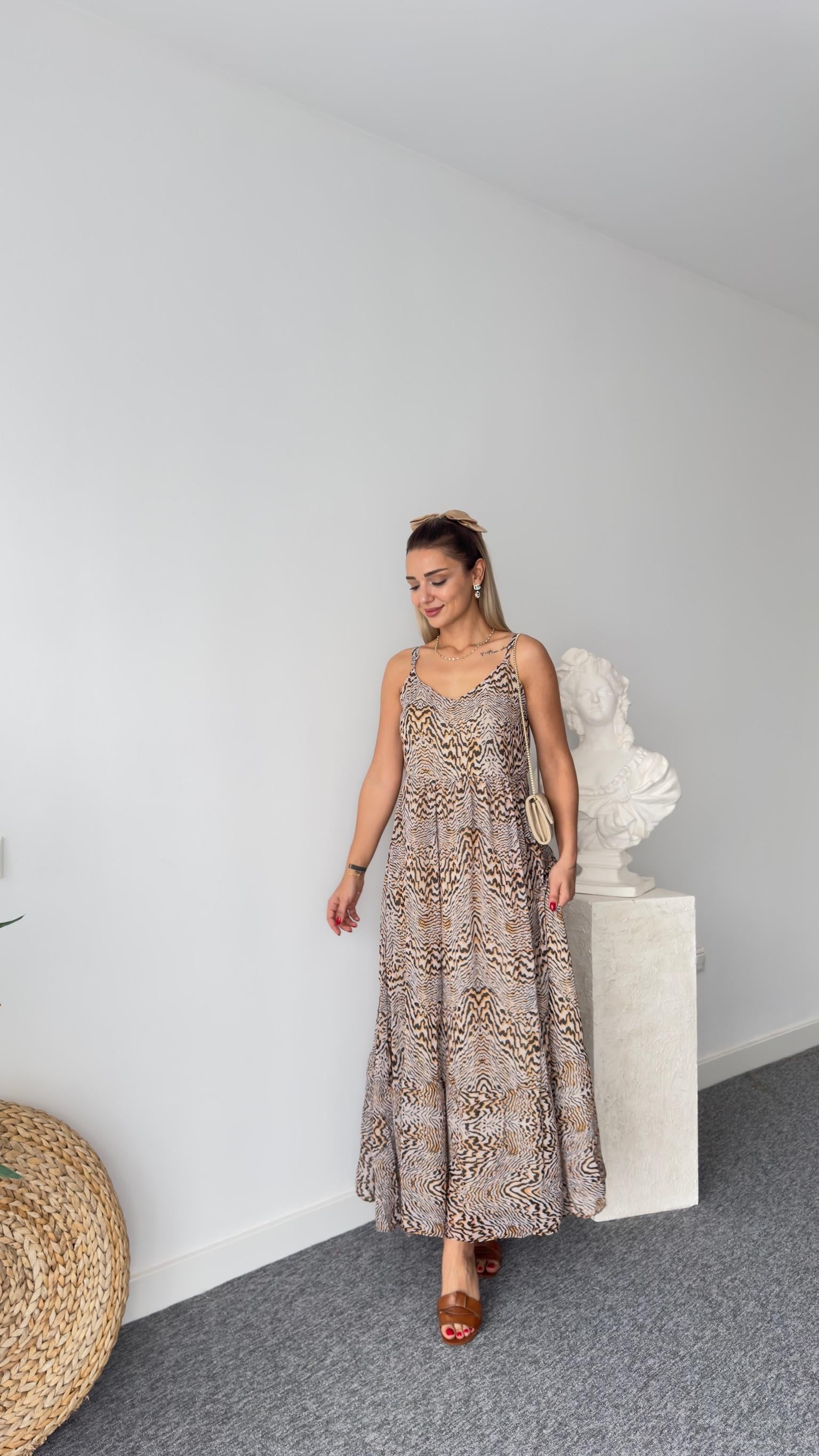 Kahve Zebra Desenli Askılı Elbise 
