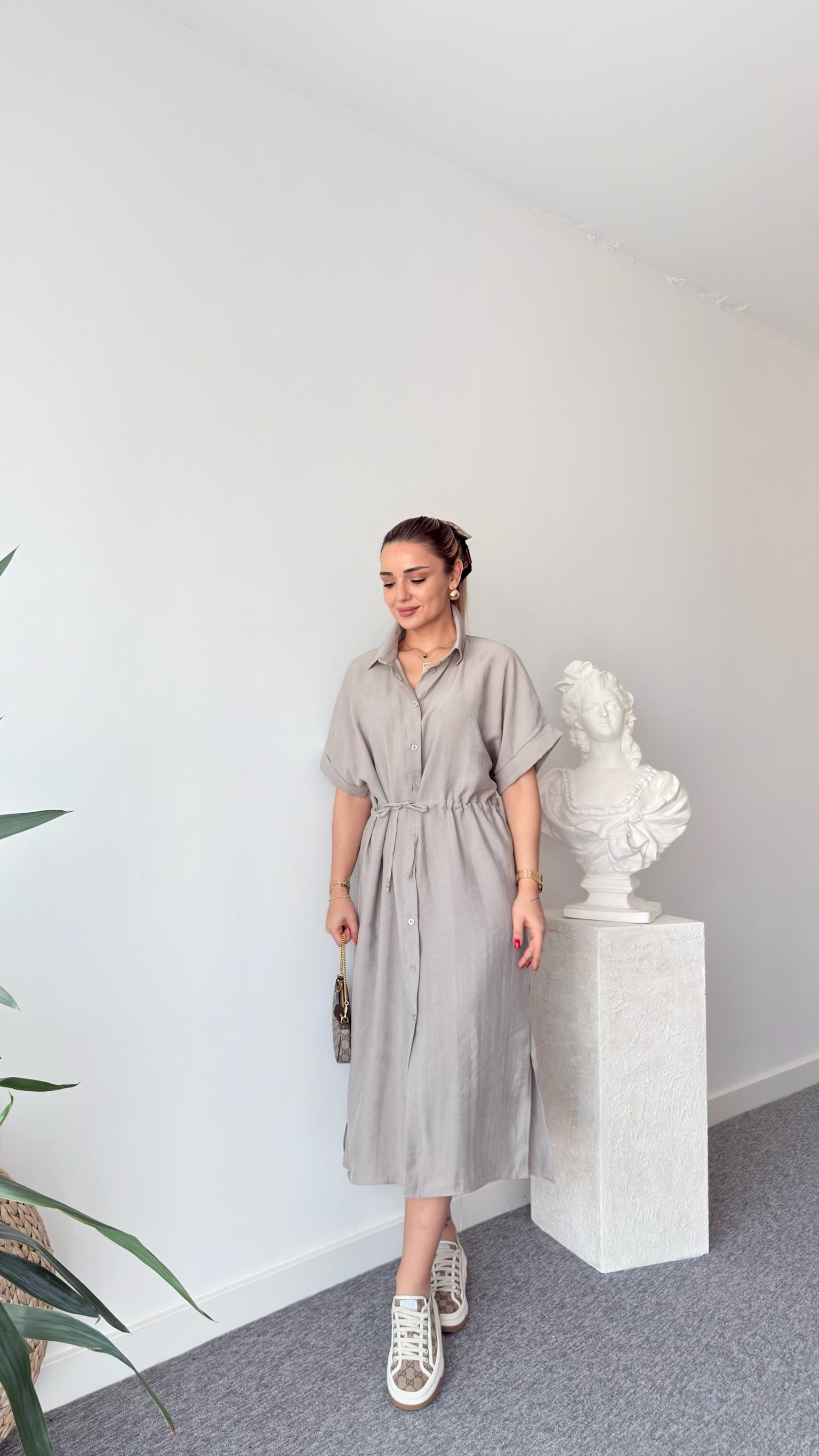 Açık Haki Toles Bel Büzgülü Massi Elbise 