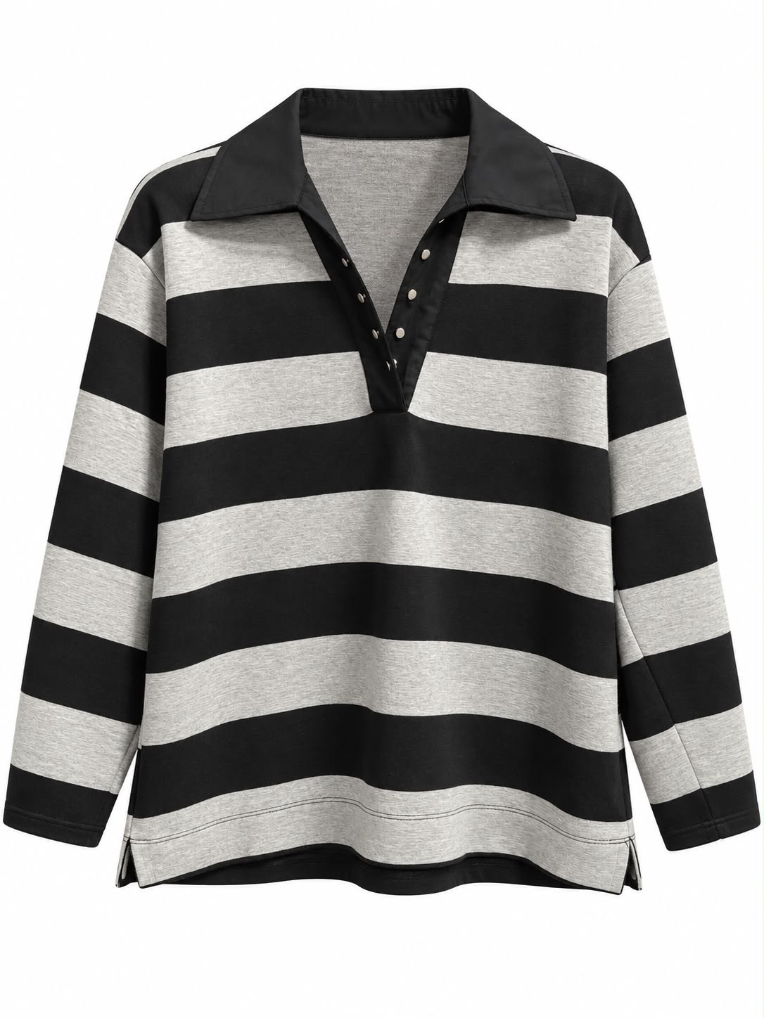 Nelsi Poplin Detaylı Polo Yaka Çizgili Sweatshirt