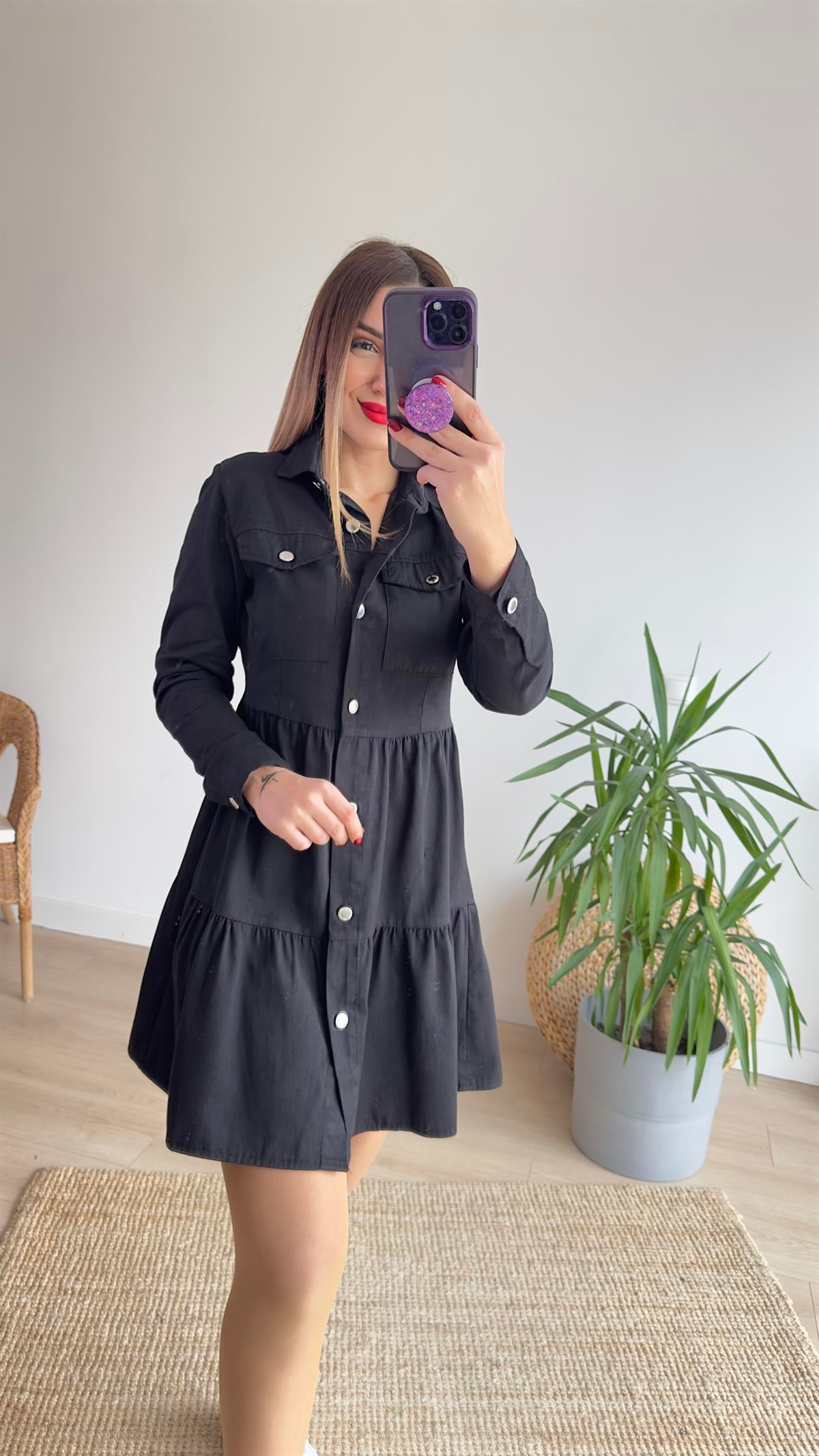 Volanlı Siyah Denim Elbise 