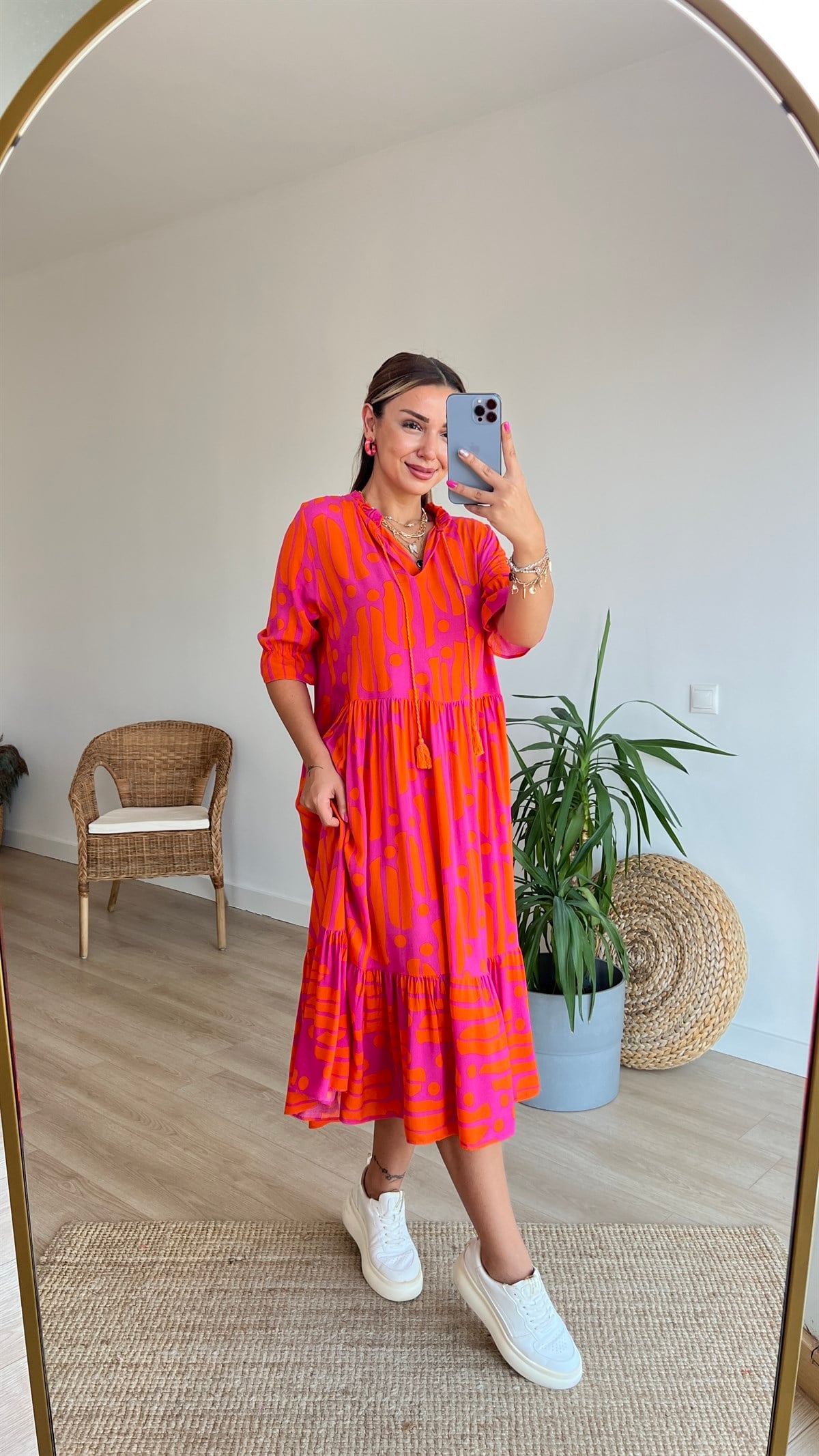 Turuncu Pembe Desenli Salaş Elbise