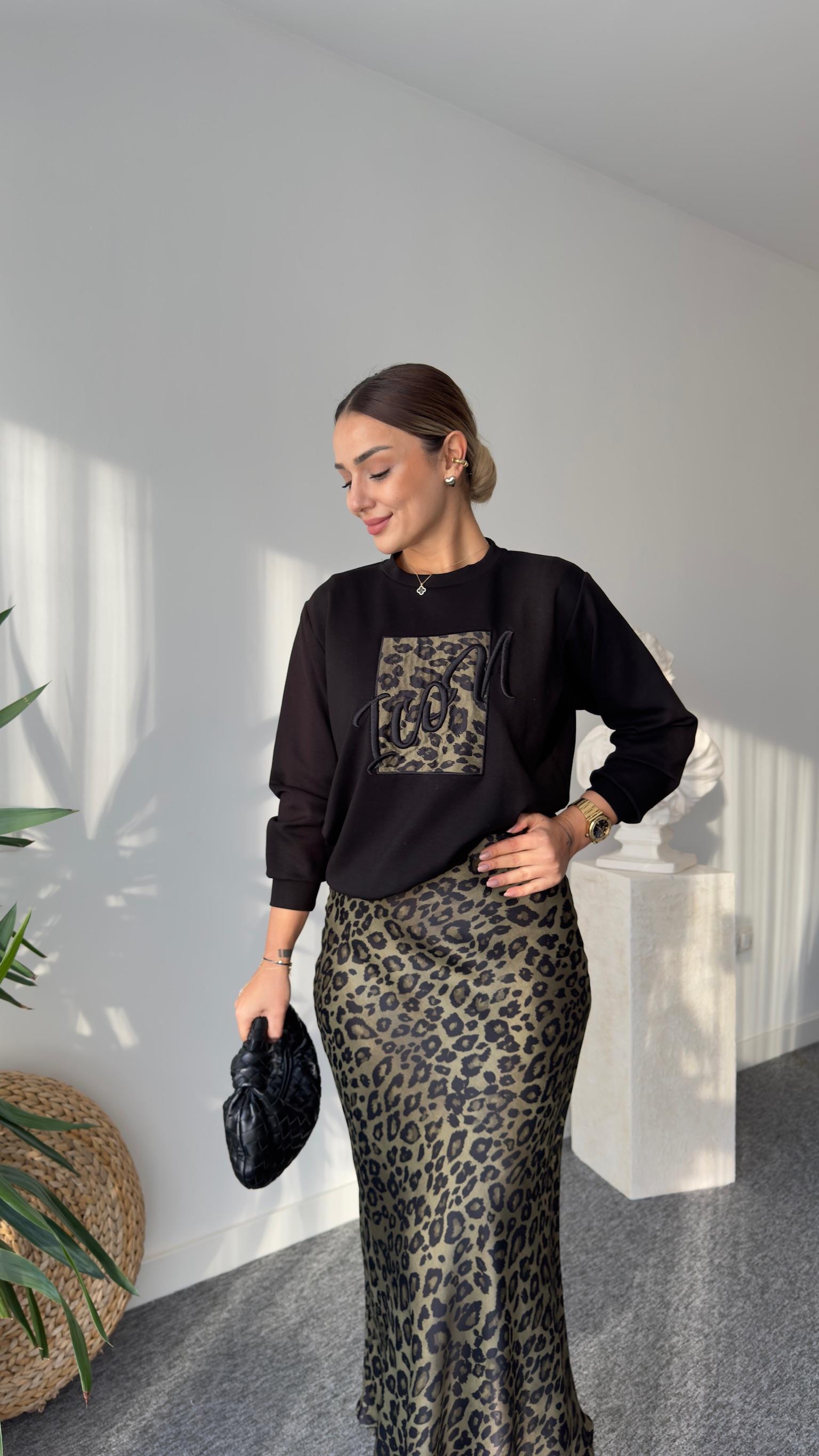 Ricar Yeşil Leopar Desenli Etek Sweat Takım