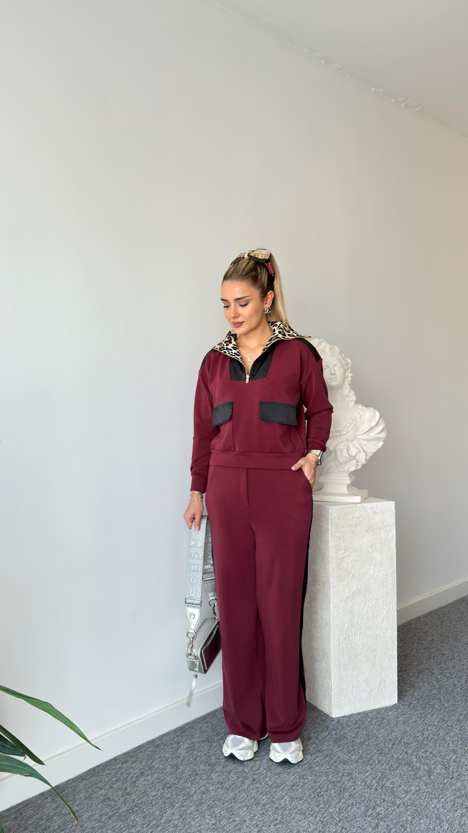 Bordo Premium Leopar Detaylı Modal Takım