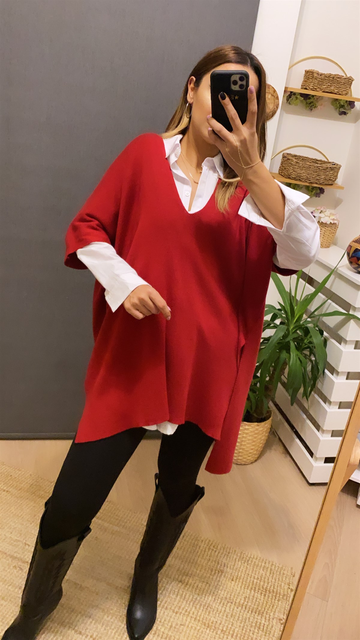 V Yaka Oversize Bordo Triko