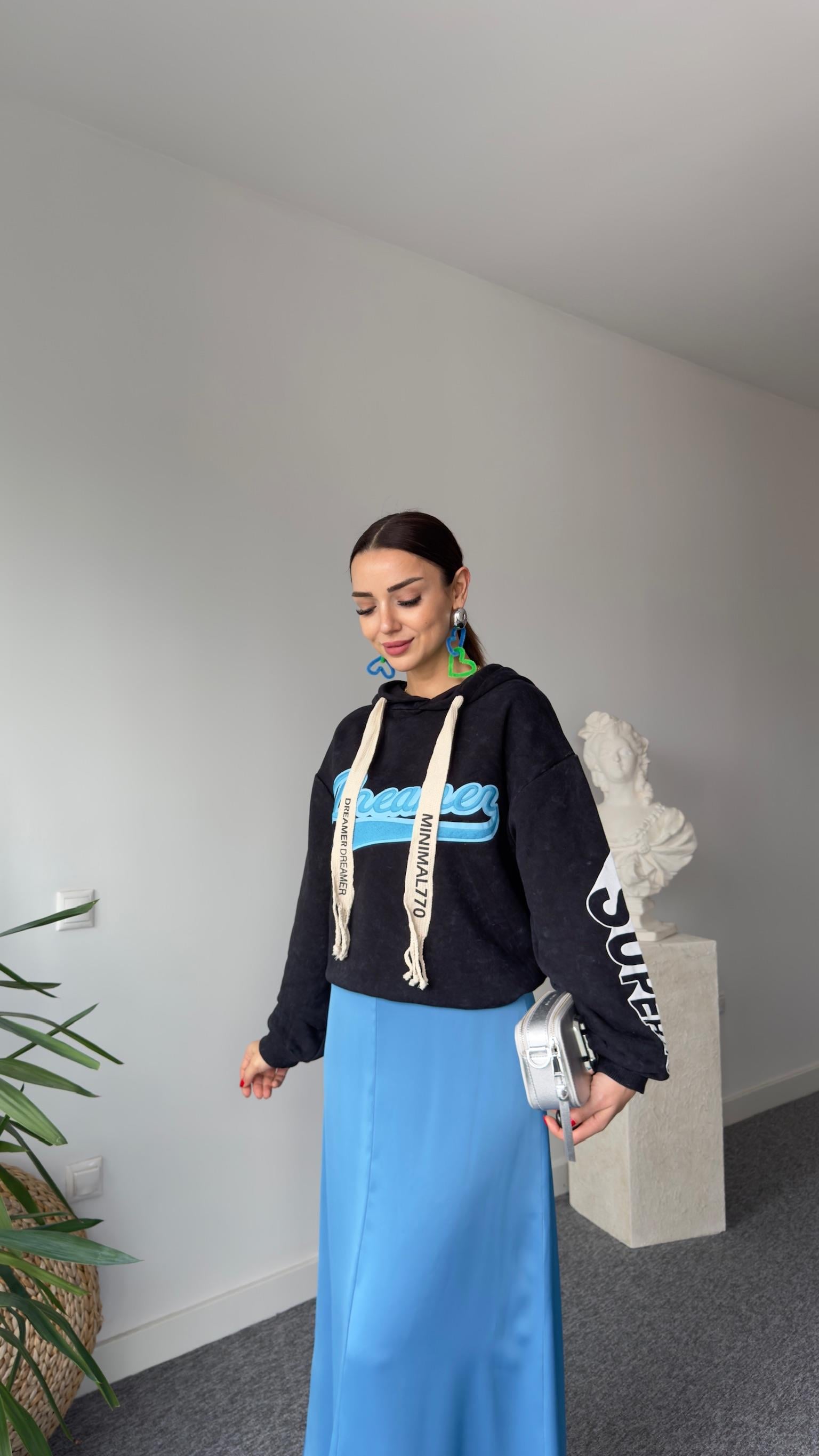 Mavi Nakış Yazılı Yıkamalı Sweatshirt