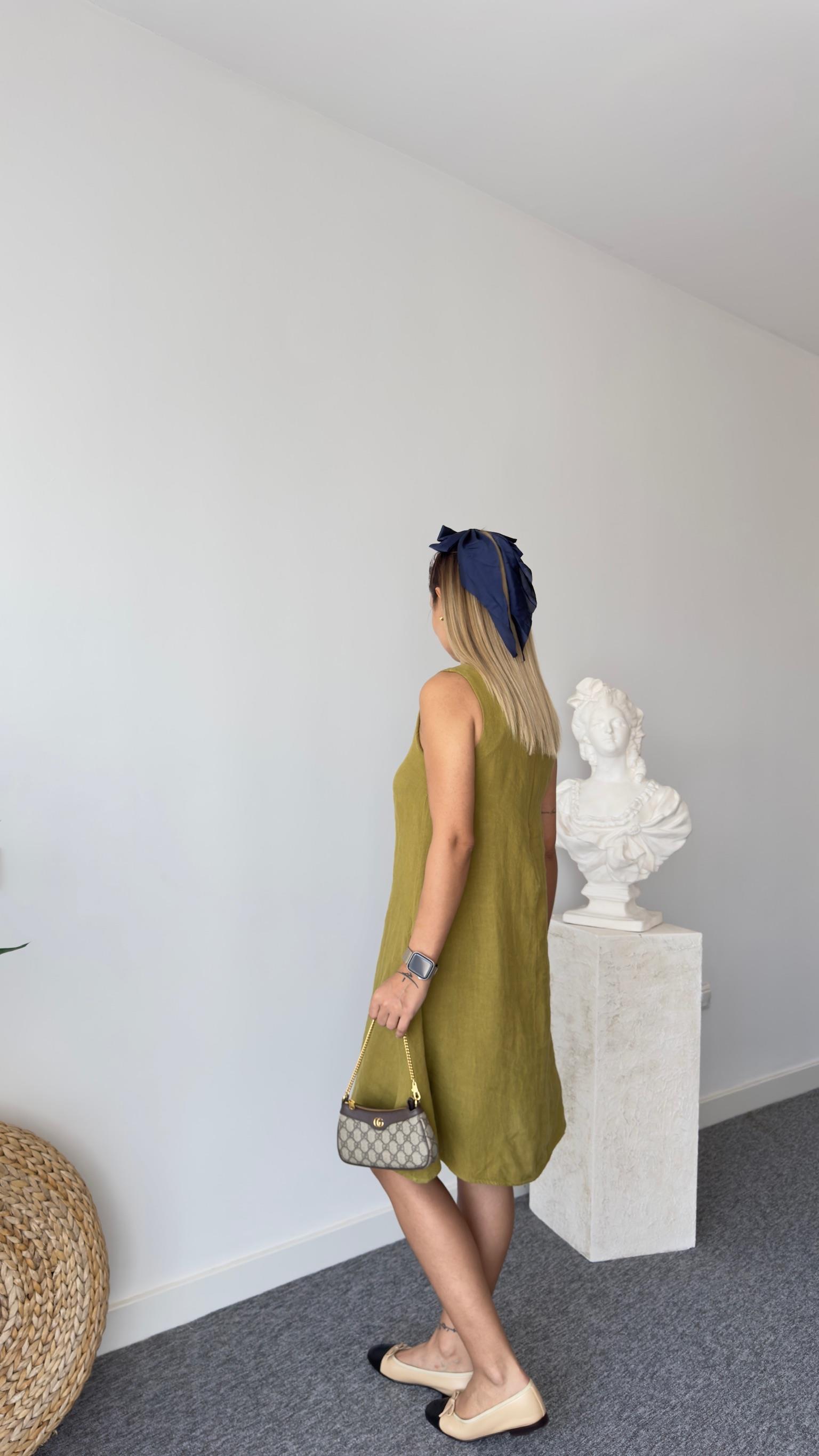 Kolsuz Keten Yeşil Elbise 