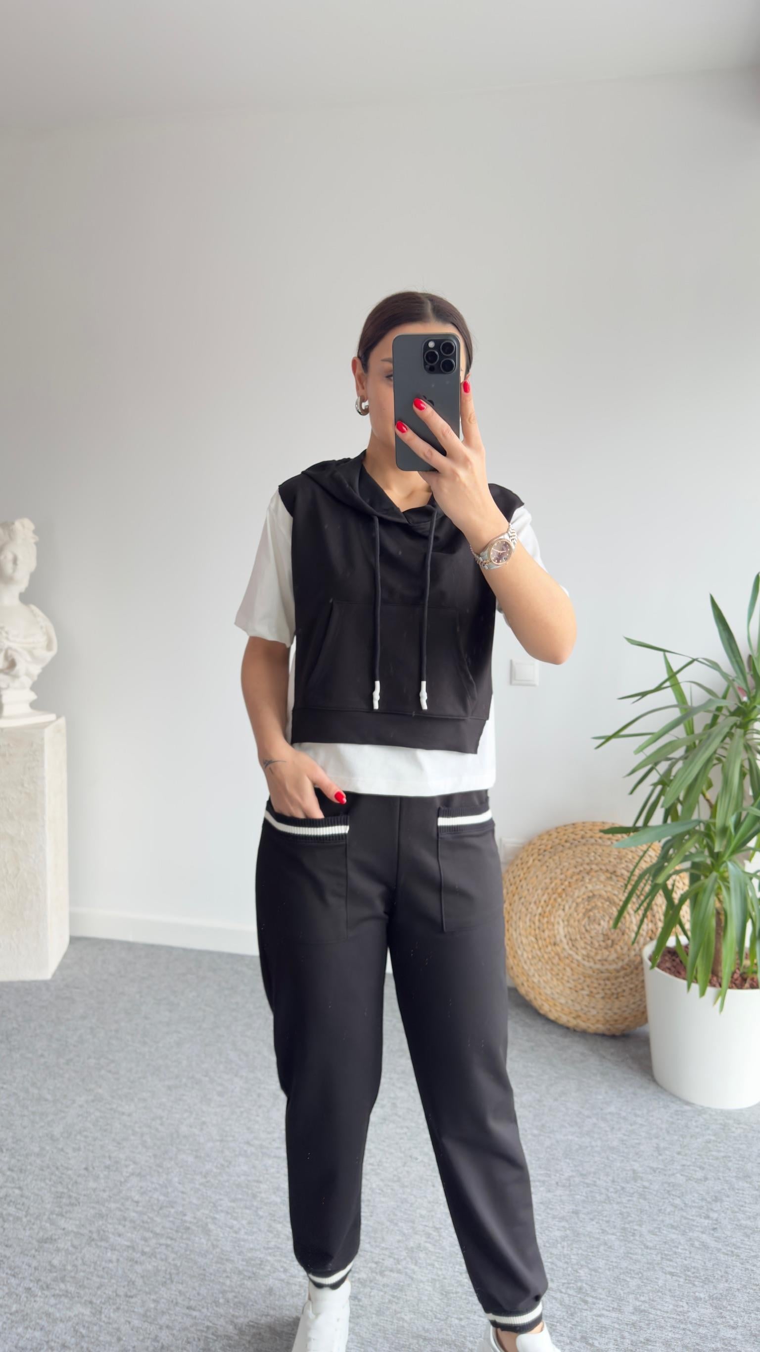 Kanguru Cep Kapüşonlu Çift Renk Tshirt
