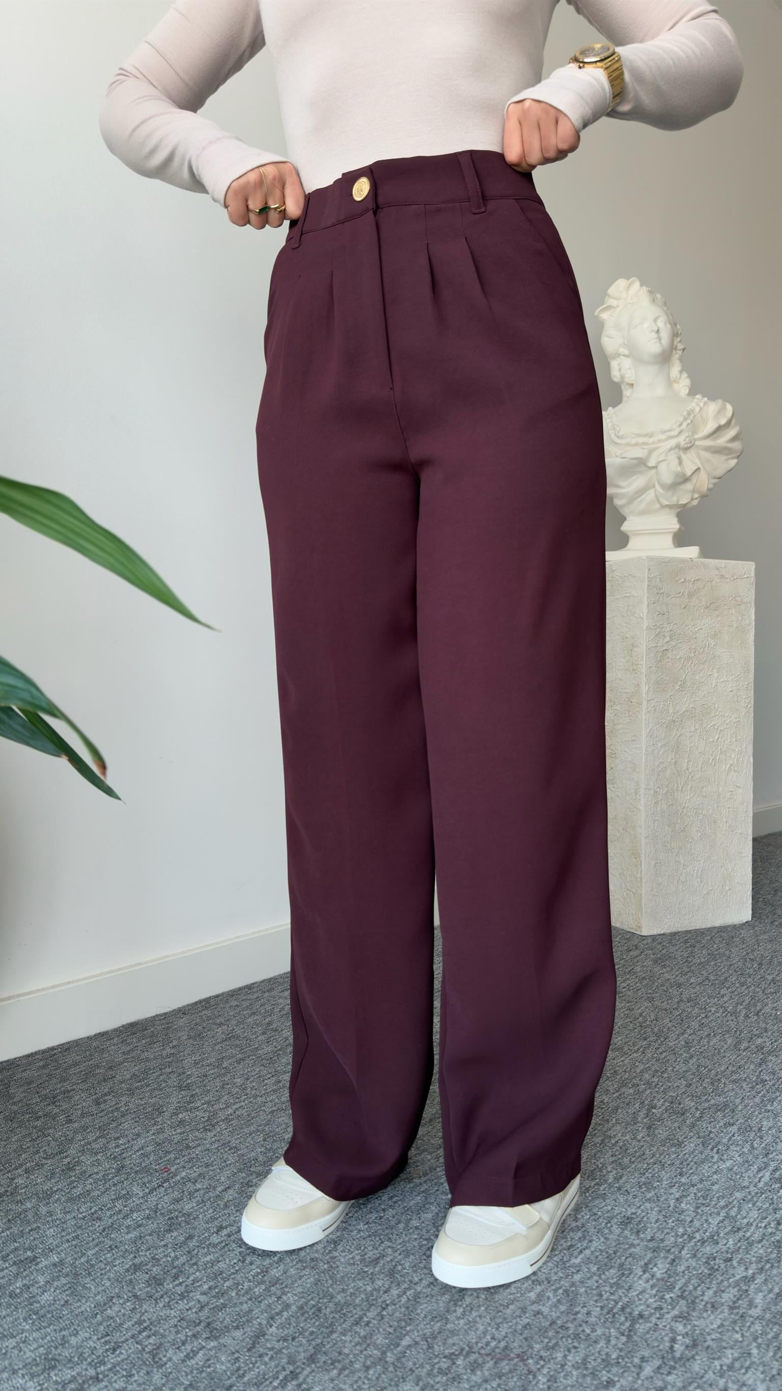 Bordo Gold Düğme Bel Lastikli Pantolon