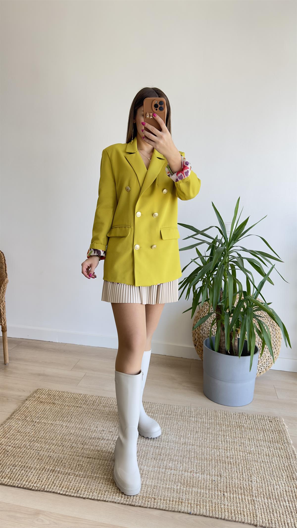 Renkli Astarlı Yeşil Blazer Ceket