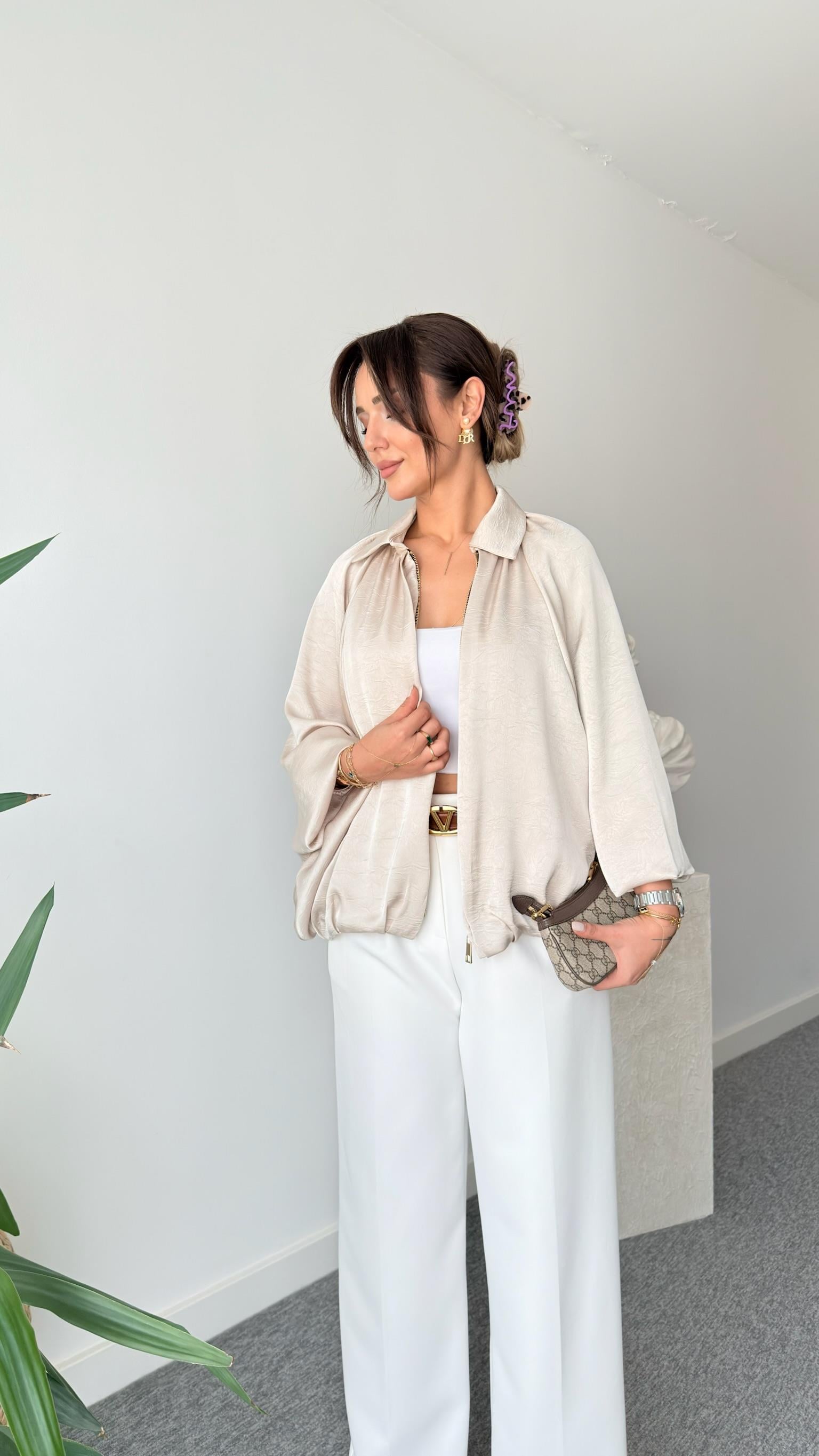 Bej Seru Zra Model Oversize Saten Ceket (Ön Sipariş Ürünü)  