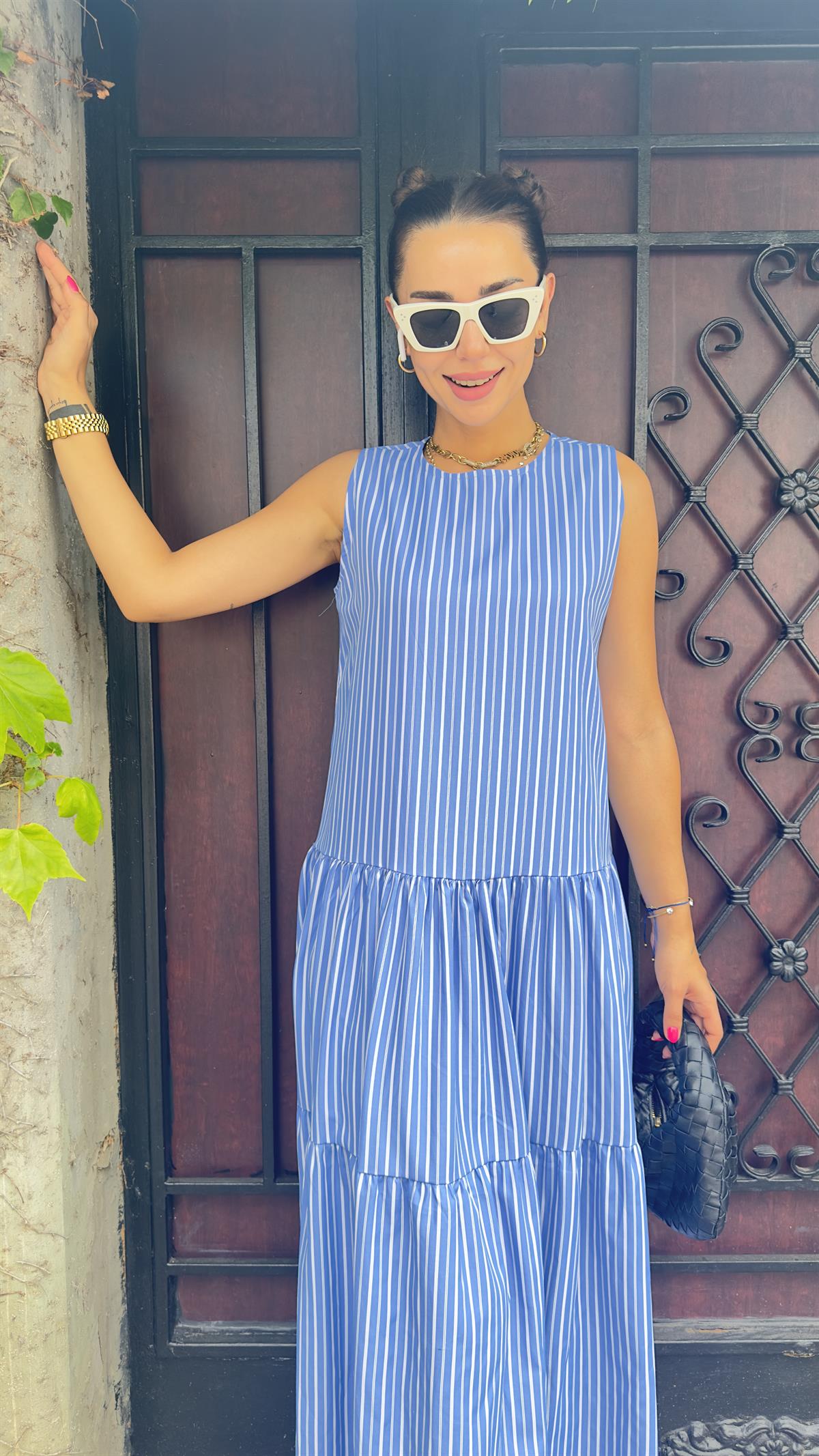 Tiara Çizgili Mavi Poplin Maxi Elbise