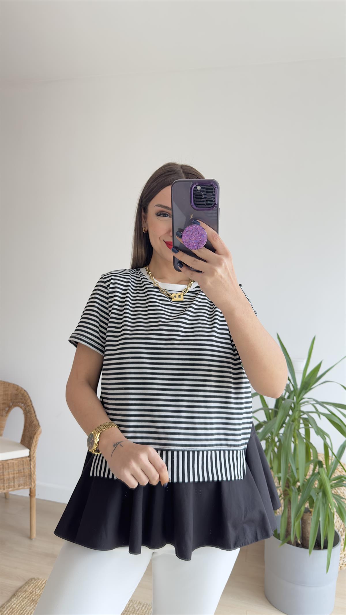Çizgili Siyah Poplin Detaylı Tshirt