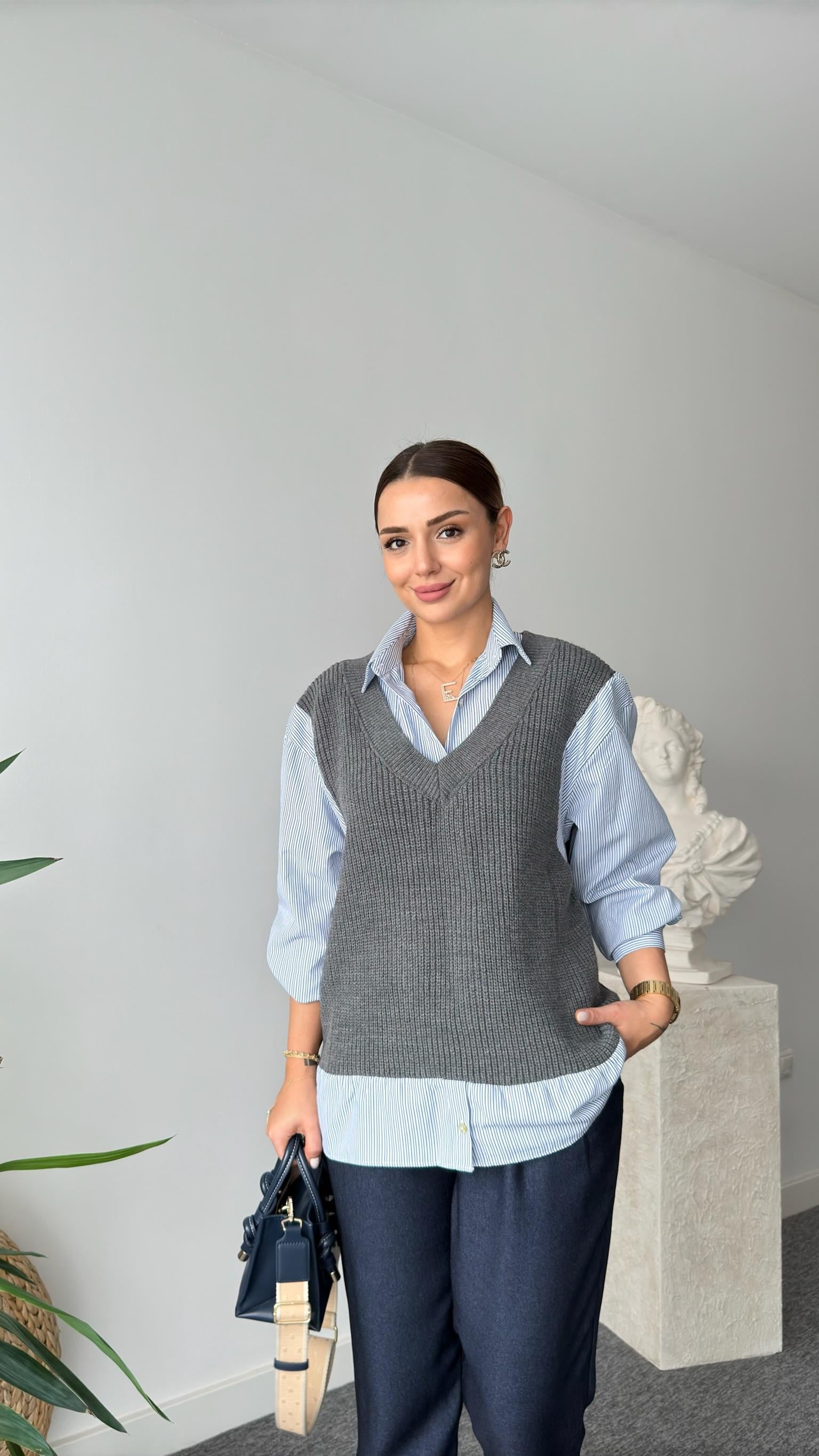 Zra Model Süveter Detaylı Çizgili Gömlek